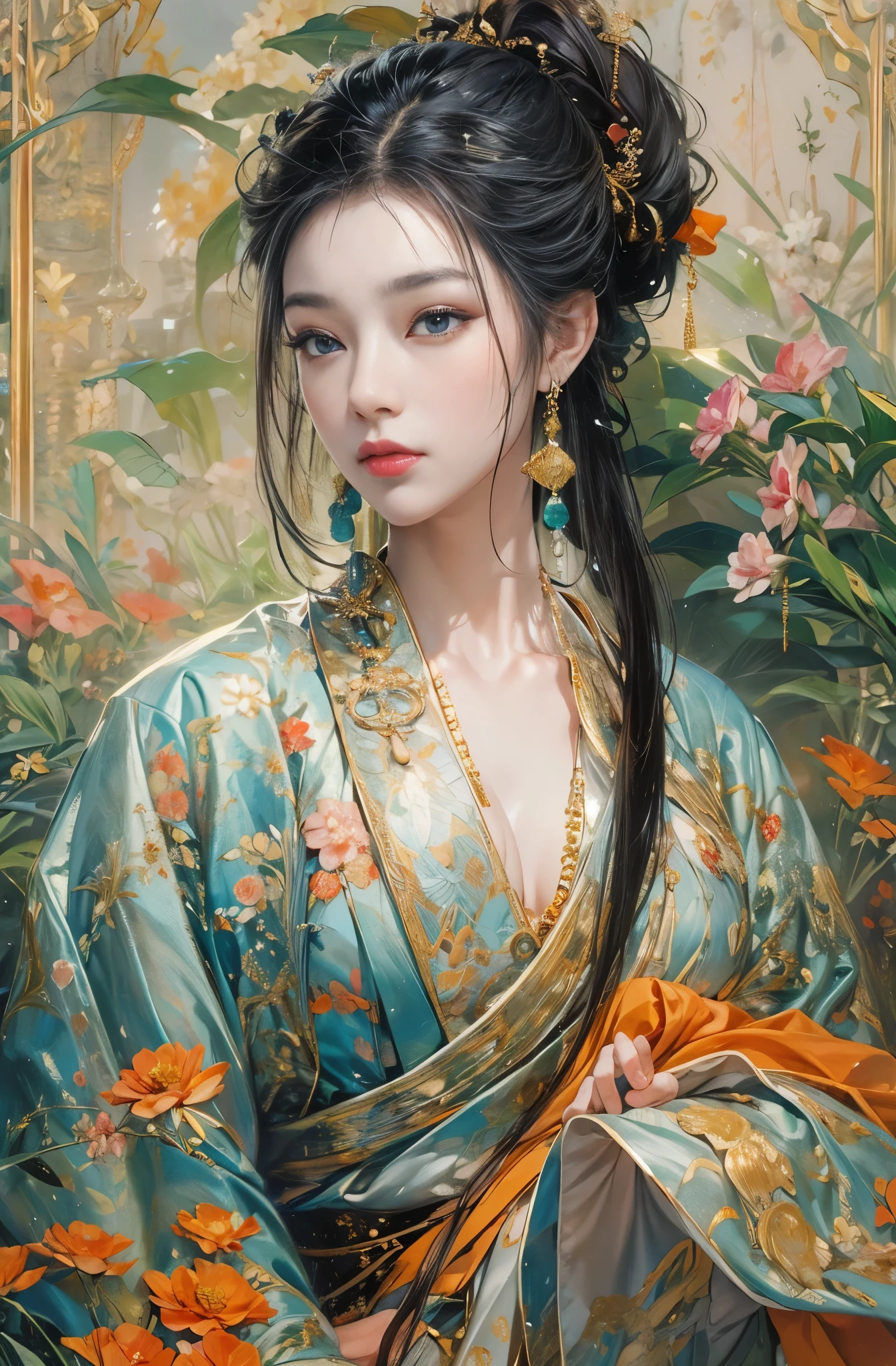 orange tone, Beautiful Courtesan Painting, A beautiful black-haired woman stands, Very long black hair, Bewitching Woman, Beautiful and stylish kimono, Oiran, Courtesan of the highest order, Hundreds of flowers in full bloom, Glamorous and luxurious, Chen Yifei, Beautiful Courtesan Painting, A profusion of flowers, Vivid and colorful paintings, Glamorous and luxurious, Kyoto scenery, Chen Yifeiに影響を与えた作品, Works that influenced Francesco Hayes, Inspired by Hendrik Terbruggen, Jean＝Works that influenced Auguste Dominique Ingres, Works that influenced Liu Jun, Jean＝Works that influenced Auguste Dominique Ingres, artwork in the style of Gweitz, by ヤン・J, Gweitz, Beautiful Art UHD 4K, Detailed painting 4k, Beautiful digital art, Beautiful artwork illustration, Gweitz masterpiece, By Chen Yanjun, Li Song, highest quality, The perfect angle, Perfect composition, Best Shot, Official Art, Cinematic Light, Figurative art, Beautiful and expressive paintings, Beautiful artwork illustration, wonderful, Cool Beauty, clear, Muromachi Fantasy, Mysterious, Mysterious, highest quality, Official Art, Extremely delicate and detailed painting style, Beautiful and subtle effects, Beautiful painting art, The pinnacle of beauty painting, Perfect light, Perfect composition, The perfect angle, Perfect subject, Best Shot, women only, Sharp contours, pretty much beautiful face, Very beautiful and detailed, Delicate and beautiful eyes, Rashomon, Close-up
