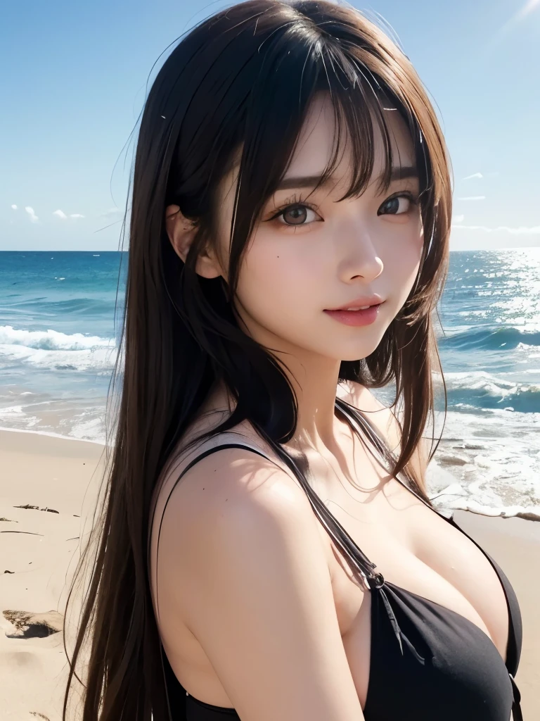 Beautiful 20 year old woman, Brown long hair、See-through bangs、At the Beach,Detailed eyes、Beautiful eyes、Cute toothy smile、 Black transparent sundress with ties, Slightly large, swollen breasts, 8k, Ray Tracing, Kinematic Lighting, Sensual positions, She's got the beach in your body, The soft sunlight hitting my body, Attention to detail, Does not include extra hands, View your viewers