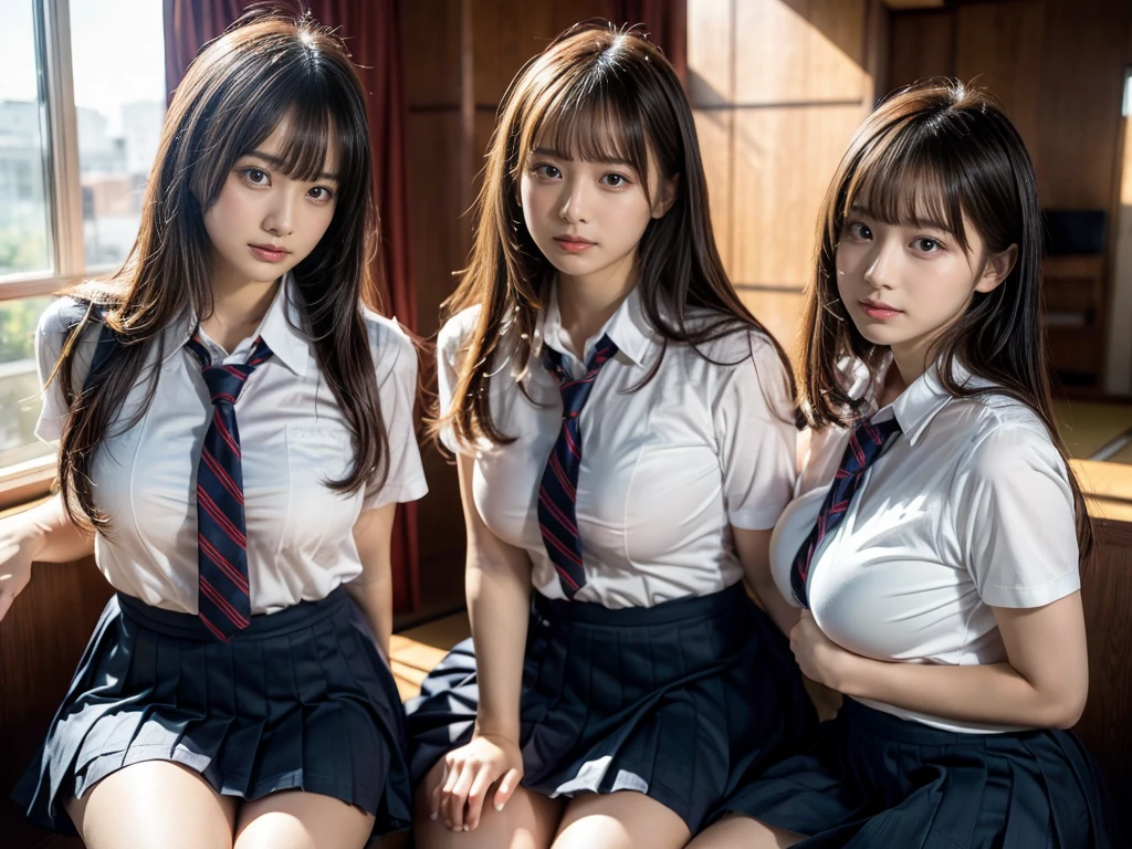 (RAW photo, 4k, masterpiece, high resolution, extremely complex) (realistic: 1.4), cinematic lighting
((2 girls, 2 schoolgirls)),Slam Dunk's,blushing,((innocent)),bright eyes,round eyes,blunt bangs,(short bob hair:1.3),black hair,large breasts,wide hips,Summer Noon, ,Hot, (Best Quality), (Highres), (an Extremely Delicate and Beautiful),(Beautiful 8k face),(Brown eyes),( spectators),(gigantic breasts),(Play with each other,Touching each other's bodies,Touching the body),(Japanese high school uniform:1.3),blue skirt,(reality),bright lighting,(The background is a luxury hotel room)