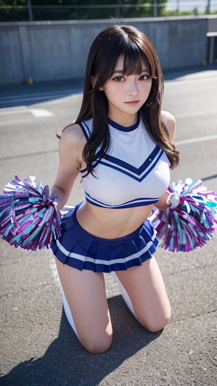 ((cheerleader)),((Cheerleader)),((Cheerleader)),8K、Detailed Description、Very high definition、Realistic、reality的、Real、live-action、reality、High resolution、Nogizaka46、japanese idol,beautiful girl、21 years old、Dark brown eyes、sunny、blue sky、Are standing、Bending over and peering in、Looking up、light smile,closed mouth,full body,Very black hair、pretty girl、Beauty、Glowing Skin、Glowing Skin、Shiny Hair、Very white skin、Heavy makeup、Large Breasts、Slit eyes、Big Eyes、Dark brown eyes、Double eyelids、Don&#39;t show your teeth、