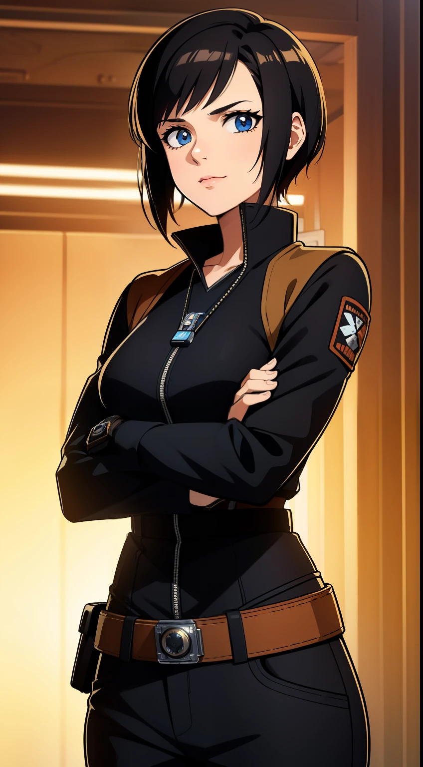 (high-quality, breathtaking),(expressive eyes, perfect face) Symmetrical Eyes, portrait, Star Wars Universe, 1girl, female, adult, mechanic, punk jacket, shirt, short sleeved, gloves, pants, belt, wrench, crystals, messy hair, black hair color, brown eye color, short hair length, stylized hairstyle, pixie haircut, tall, technician outfit, engineer, sci fi workshop background, work bench, tools, mature, narrow eyes, dog tag necklaces, soft smile, soft eyelashes, age 28
