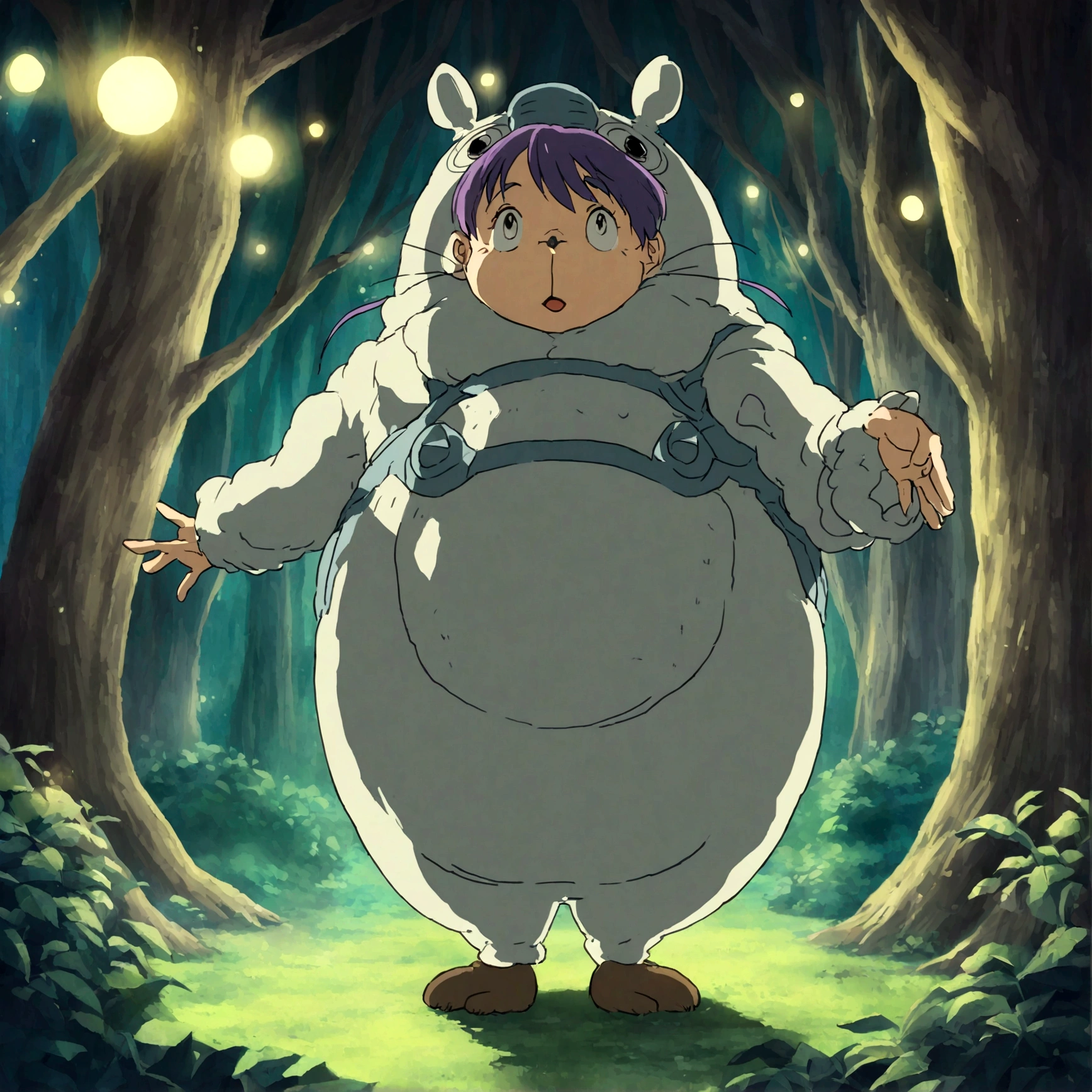 (((Ghibli style))), Spirited Away, Howl's Moving Castle, dreamy colour palette, A detailed image of Mei from "My Neighbor Totoro" as an adult, in full body shot, with amazing CG and ultra high resolution, singing in a mystical forest, captured during early morning, using a cinematic camera, using portrait mode with cinematic lighting -ar 9:16 -s 1000 -v 6.