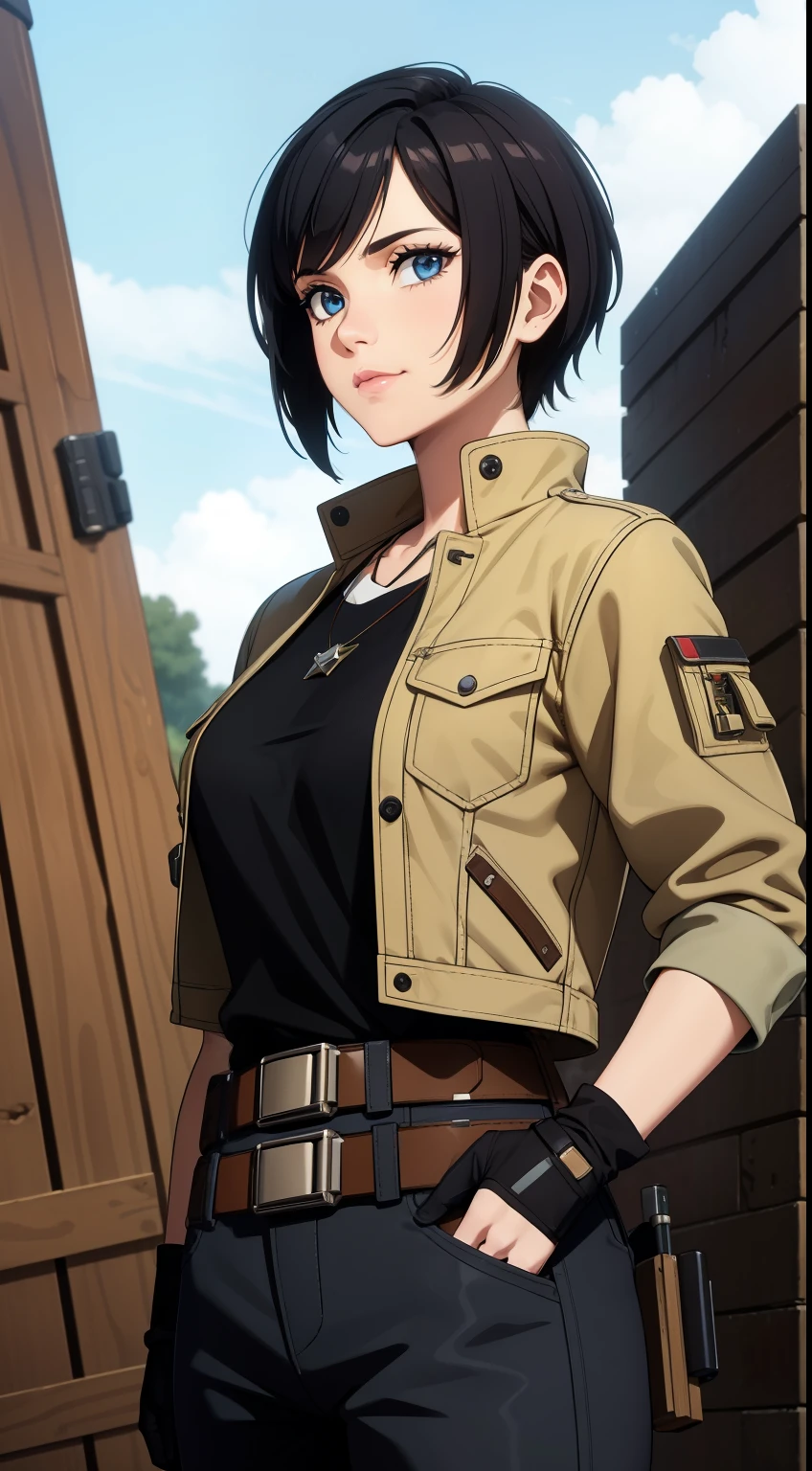 (high-quality, breathtaking),(expressive eyes, perfect face) Symmetrical Eyes, portrait, Star Wars Universe, 1girl, female, adult, mechanic, punk jacket, shirt, short sleeved, gloves, pants, belt, wrench, crystals, messy hair, black hair color, brown eye color, short hair length, stylized hairstyle, pixie haircut, tall, technician outfit, engineer, sci fi workshop background, work bench, tools, mature, narrow eyes, dog tag necklaces, soft smile, soft eyelashes, age 28
