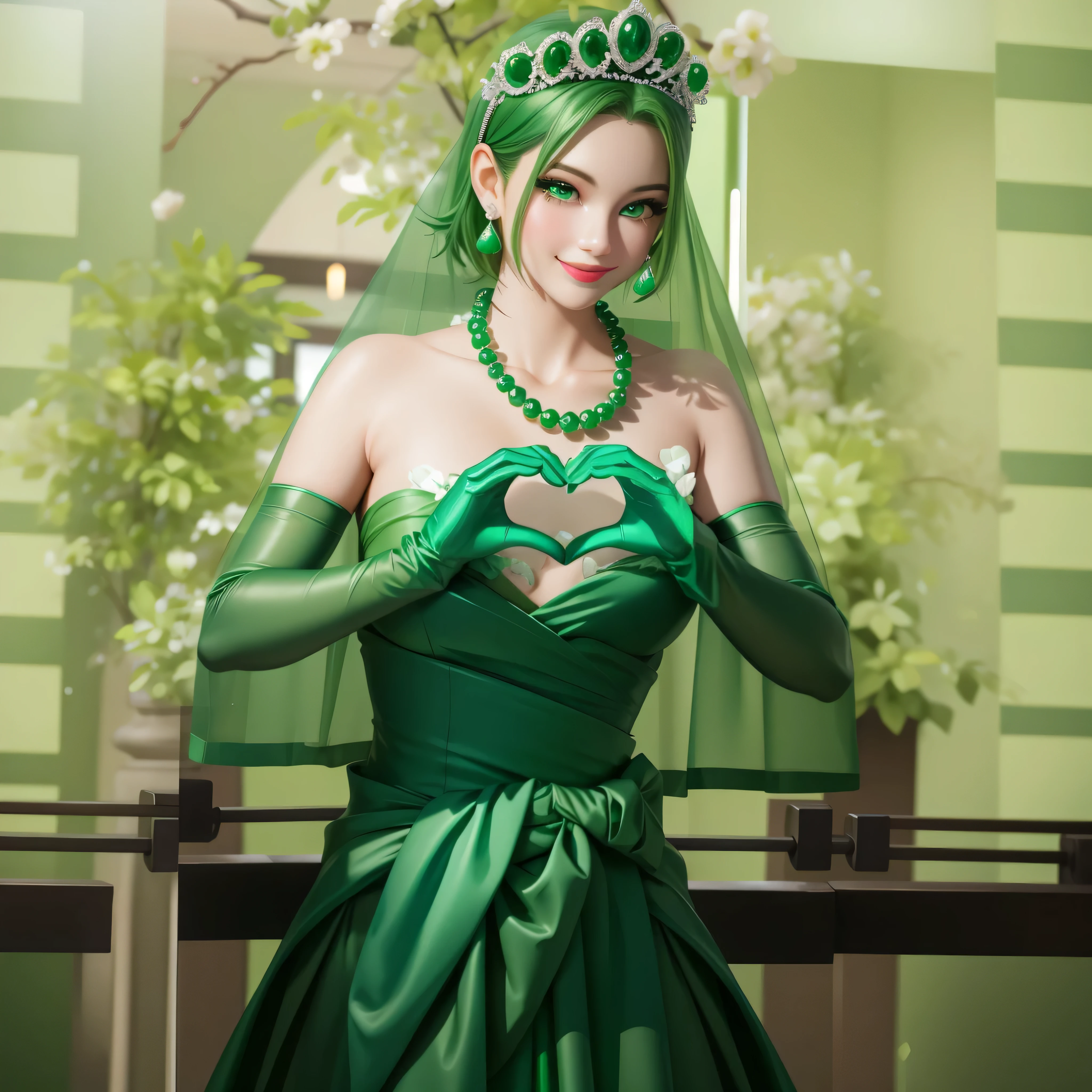 Emerald tiara, Green Pearl Necklace, Boyish very short green hair, Green Lips, Smiling Japanese woman, Very short hair, Busty beautiful lady, Green Eyes, Green satin long gloves, Green Eyes, Emerald Earrings, Green veil, Heart with both hands, Green Hair, Beautiful Japanese Women, Heart shaped hands:1.3, green lip gloss