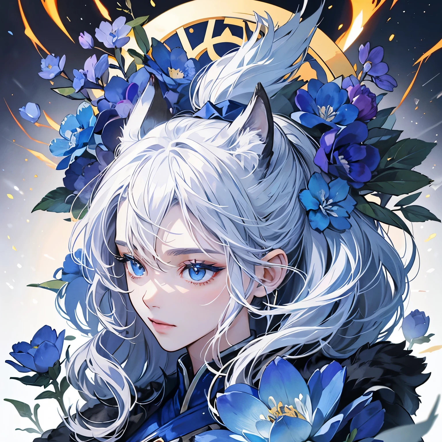 One Wolf、logo、White background only、emblem、14k、intricate and detailed、flame、blue、(((No humans)))、Detailed coat、Sparkling Eyes、企業logo、gold、Panorama、Long Shot、front、blue flower