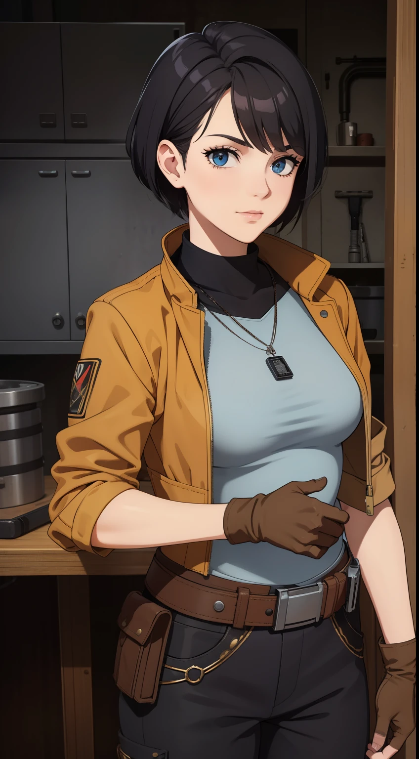 (high-quality, breathtaking),(expressive eyes, perfect face) Symmetrical Eyes, portrait, Star Wars Universe, 1girl, female, adult, mechanic, punk jacket, shirt, short sleeved, gloves, pants, belt, wrench, crystals, messy hair, black hair color, brown eye color, short hair length, stylized hairstyle, pixie haircut, tall, technician outfit, engineer, sci fi workshop background, work bench, tools, mature, narrow eyes, dog tag necklaces, soft smile, soft eyelashes, age 28
