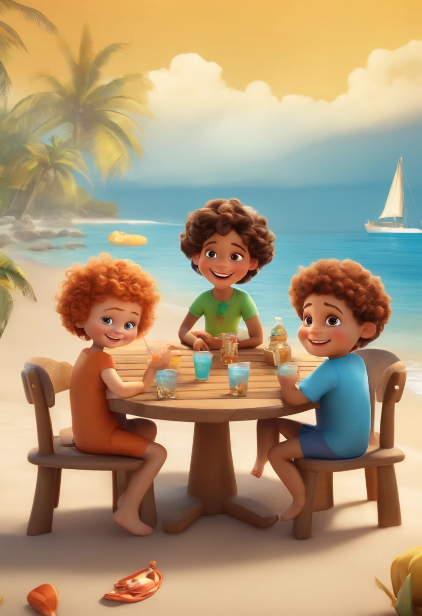 Three cute and happy children sitting around a table at the beach with drinks , des cheveux courts, porter un costume spatial, , fond la Mer bleu , Style Pixar, ....3D, cartoon, detailed face, Unbalanced 16K