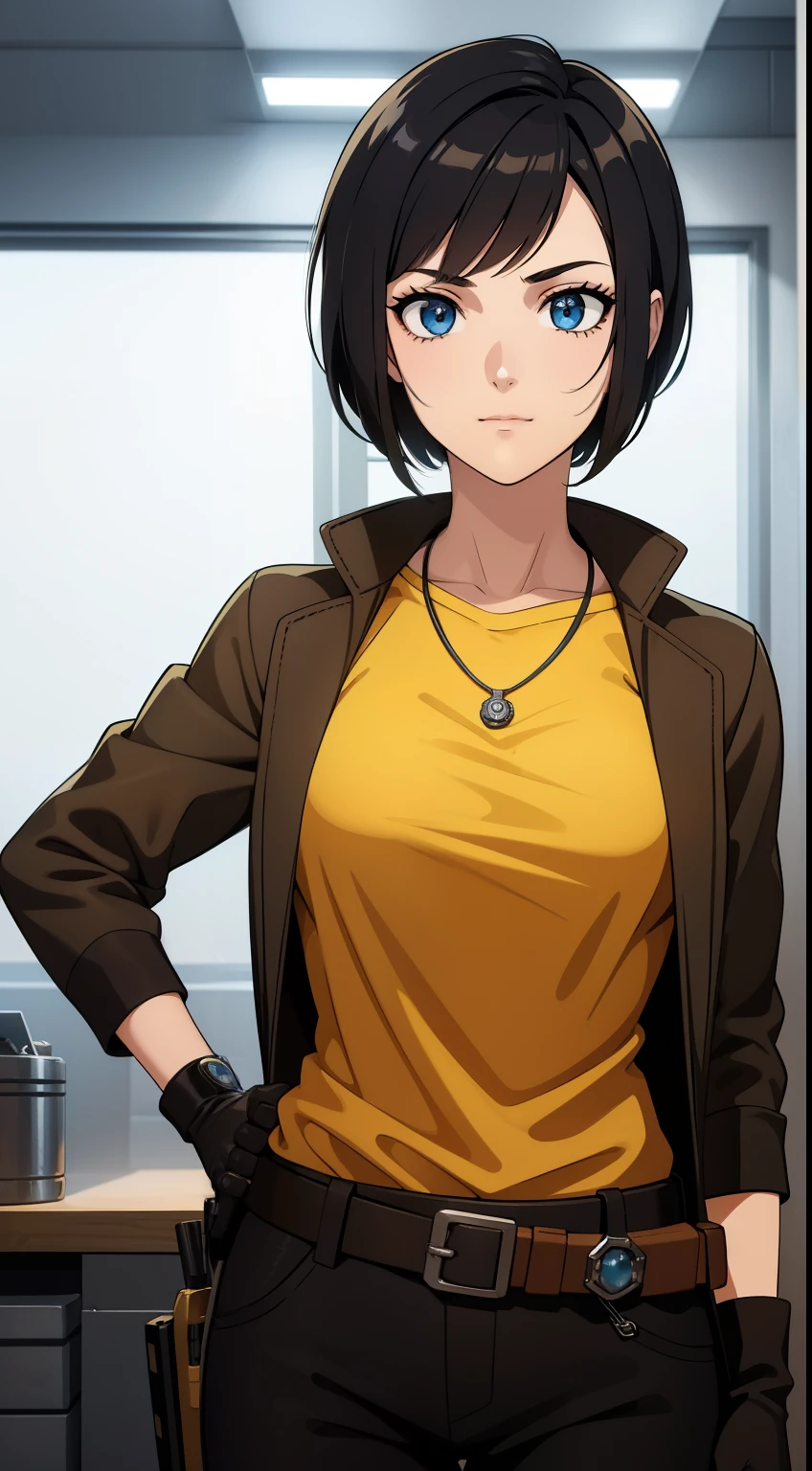 (high-quality, breathtaking),(expressive eyes, perfect face) Symmetrical Eyes, portrait, Star Wars Universe, 1girl, female, adult, mechanic, punk jacket, shirt, short sleeved, gloves, pants, belt, wrench, crystals, messy hair, black hair color, brown eye color, short hair length, stylized hairstyle, pixie haircut, tall, technician outfit, engineer, sci fi workshop background, work bench, tools, mature, narrow eyes, dog tag necklaces, soft smile, soft eyelashes, age 28
