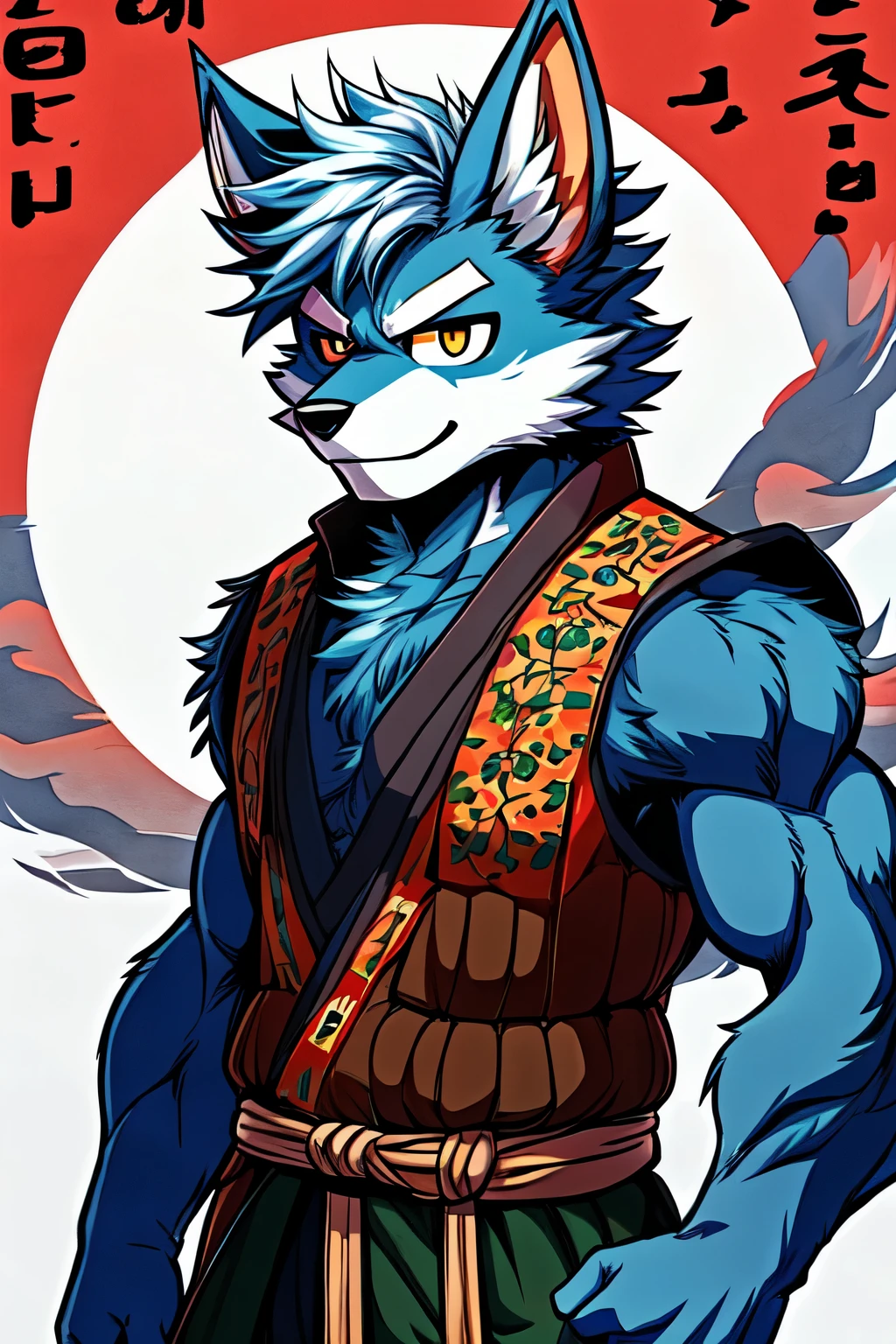 hairy,fur, pure, anthropology, male, Hand-drawn,the strong,Solitary,Dark vest, fur, 2024, There are eyelids,RPG background,Blue-white hair,Werewolf,Short hair,Japanese comic style,Muscle lines,Korean comic style,warrioerce,Shorter ears,Gentle