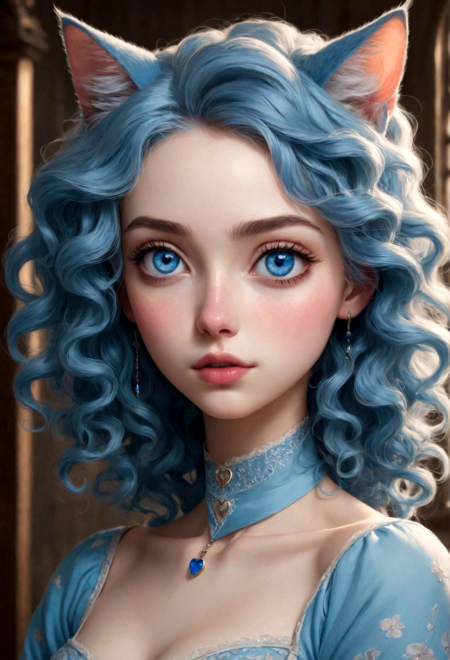 a tall girl who has blue eyes, slim waist, heart shaped lips, pointed nose, v shaped chin, cat shaped eyes, and her hair is blue, long and curly.