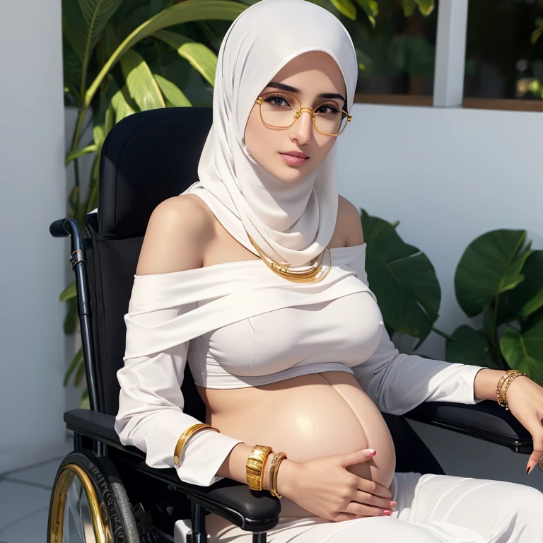 A beautiful high school glasses Arabian 8  pregnant girl model, white skin, sharp nose, thin lips, circle face, tight bra, big breast, off shoulder, wearing hijab, golden indian bangle and bracelet, golden necklace, golden swiss polo watch, sitting on the wheelchair, detailed squinting eyes, detailed horny face