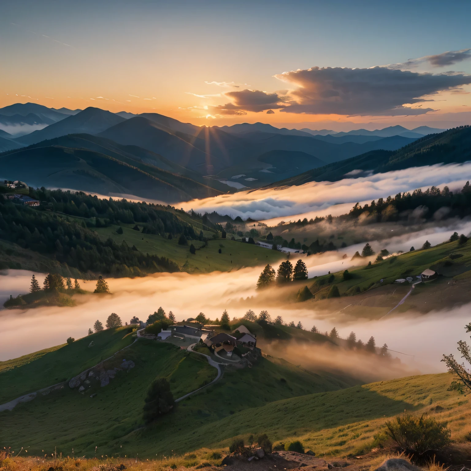 Create a beautiful landscape with sunsets, fog, mountains, blue sky.
