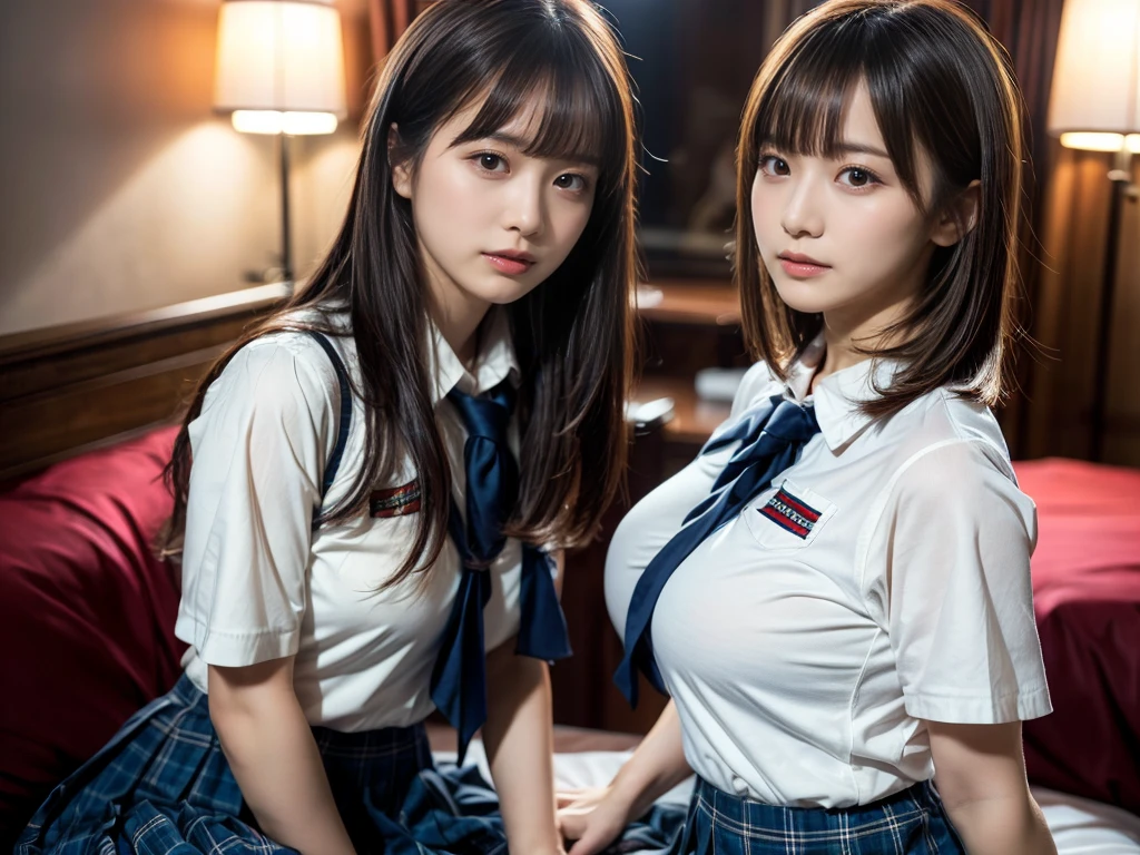 (RAW photo, 4k, masterpiece, high resolution, extremely complex) (realistic: 1.4), cinematic lighting
 ((2 girls, 2 schoolgirls)),Slam Dunk's,blushing,((innocent)),(Dark makeup),bright eyes,round eyes,blunt bangs,(straight hair:1.3),black hair,large breasts,wide hips,Summer Noon, ,Hot, (Best Quality), (Highres), (an Extremely Delicate and Beautiful),(Beautiful 8k face),(Brown eyes),short bob hair,( spectators),(gigantic breasts),(Play with each other,Touching each other's bodies,Touching the body),(Japanese high school uniform:1.3),blue skirt,(reality),bright lighting,(The background is a luxury hotel room)