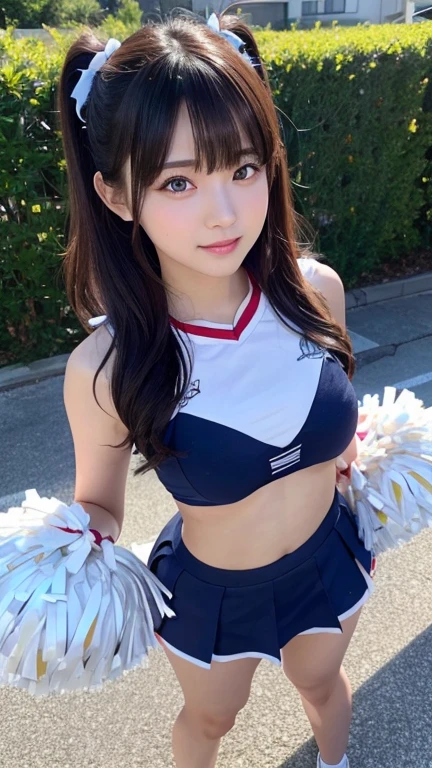 ((cheerleader)),((Cheerleader)),((Cheerleader)),8K、Detailed Description、Very high definition、Realistic、reality的、Real、live-action、reality、High resolution、Nogizaka46、japanese idol,beautiful girl、21 years old、Dark brown eyes、sunny、blue sky、Are standing、Backwards、turn around、light smile,closed mouth,full body,Very black hair、pretty girl、Beauty、Glowing Skin、Glowing Skin、Shiny Hair、Very white skin、Heavy makeup、Large Breasts、Slit eyes、Big Eyes、Dark brown eyes、Double eyelids、Don't show your teeth、((from below:1.4))