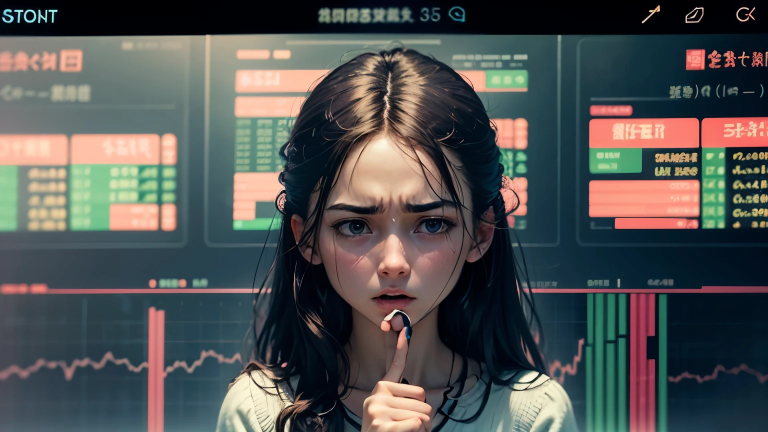 In the background, a full-screen exchange chart、A frustrated woman holding her head、The girl is standing with her head in her hands, the background of which is filled with candlestick charts of a major stock market crash、Ghibli