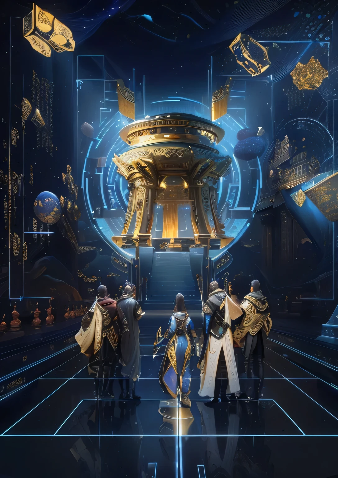 5 people surrounding a golden tripod, Three men and two women, we go deep into the virtual universe, The encrypted metaverse, Computers and holograms, Hologram of the Chinese cultural relic Golden Tripod, Museum Background, virtual metaverse room,Chinese antique elements on both sides are collection cabinets, super detailed SCP cultural relic jars, holographic products, 5 Archaeological Figures, 8k high definition jpeg artifact
