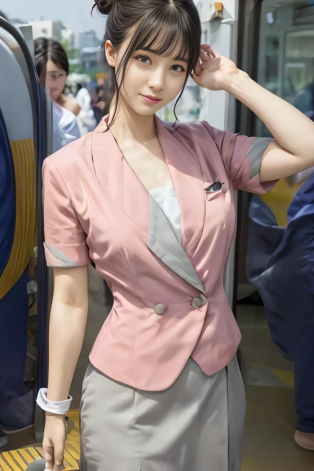 (masterpiece:1.2, highest quality:1.2), 32K HDR, High resolution, (alone、1 girl)、（On the rooftop of a building in the daytime、Professional Lighting）、Building rooftop background、（Nankai train crew uniform pinkを着たリアルスタイル）、（Nankai train crew uniform pink short sleeve pink jacket、Nankai Train Crew Uniform Pink Collarless Short Sleeve Blouse、Nankai Train crew uniform pinkのグレー色のキュロットスカート）、Dark brown hair、（Hair tied up、Hair Bun、Hair Bun）、Dark brown hair、Long Shot、Big Breasts、Thin legs、（（Great hands：2.0）），（（Harmonious body proportions：1.5）），（（Normal limbs：2.0）），（（Normal finger：2.0）），（（Delicate eyes：2.0）），（（Normal eyes：2.0））)、smile、（Nankai Train crew uniform pinkのグレー色のキュロットスカートを見せた美しい歩く姿）、Keep your hands natural