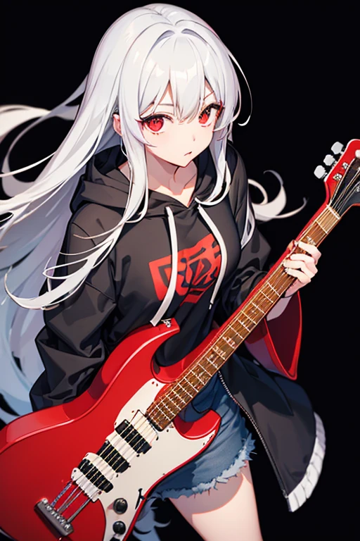 background through, long hair、 straight hair、 silver hair girl, red eyes、 Super high quality, 8K、Upper body、 black background、 Band vocals、 (black hoodie)、 ((big tits)), ((((Young face)))), ((Red Electric Guitar)), denim shorts, (shoot from above),expressionless