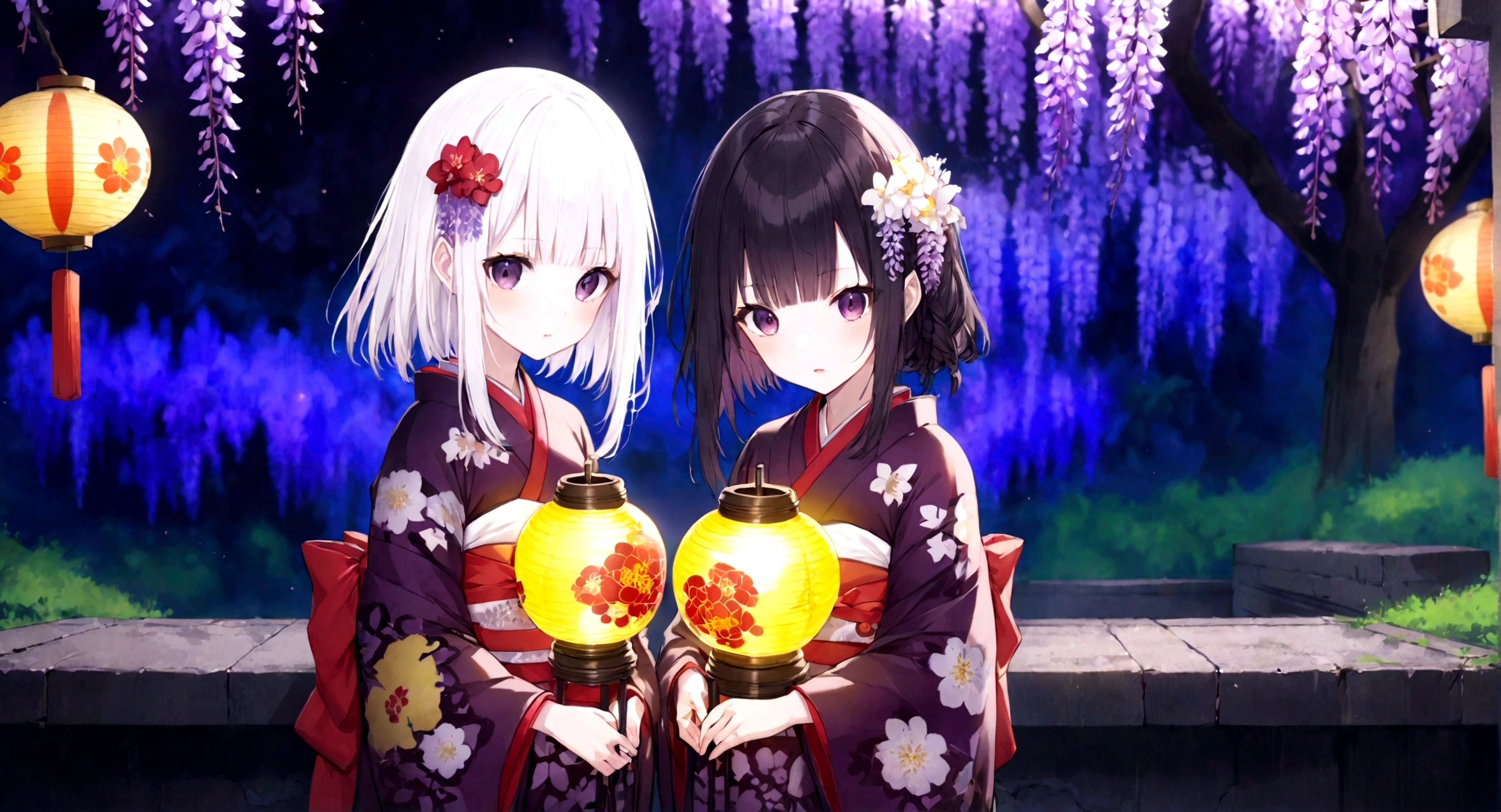 ((Masterpiece, top quality, high resolution)), ((highly detailed CG unified 8K wallpaper)), kimetu no yaiba, ubuyasiki, Spooky twins, girl with black hair and girl with white hair, dressed in Japanese kimono, Japanese lanterns, garden at night, wisteria flowers in background,