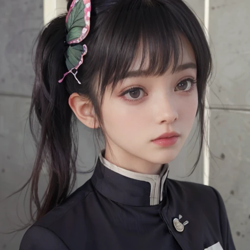 (RAW Photos, highest quality), (Realistic, Photorealistic Truth: 1.3), the emotion of surprise, amazement, the character is very surprised, highest quality, Very detailed, masterpiece, Ultra-detailed, figure, One girl, kanao tsuyuri, ((Bangs Patsun,Side Ponytail)),(( Demon Slayer uniform:1.4)), Butterfly Hair Ornament,( white belt), ( White Cape),, (Black jacket), (Pleated skirt), belt, (Black Skirt), knees, buckle, belt buckle, upper_body, Dynamic Angle, World Mastery Theatre, long hair flying, Fluorescent Centred, highest quality, Highly detailed CG integrated 8K wallpaper, ink, wonderful, Cinema Lighting, lens_Flare, wuxia_style,(((Straight Bangs:1.4))),(blunt bangs:1.4),