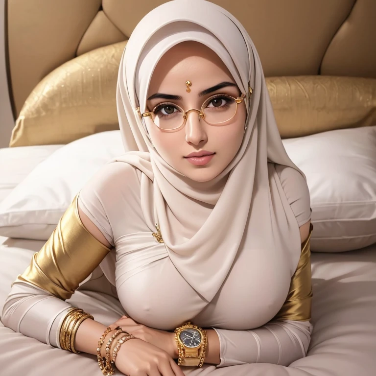 A beautiful high school glasses Arabian 8 months pregnant girl model, white skin, sharp nose, thin lips, circle face, tight bra, big breast, off shoulder, wearing hijab, golden indian bangle and bracelet, golden necklace, golden swiss polo watch, lying to bed, landing on pillow, hug the pillow tightly, detailed squinting eyes, detailed horny face