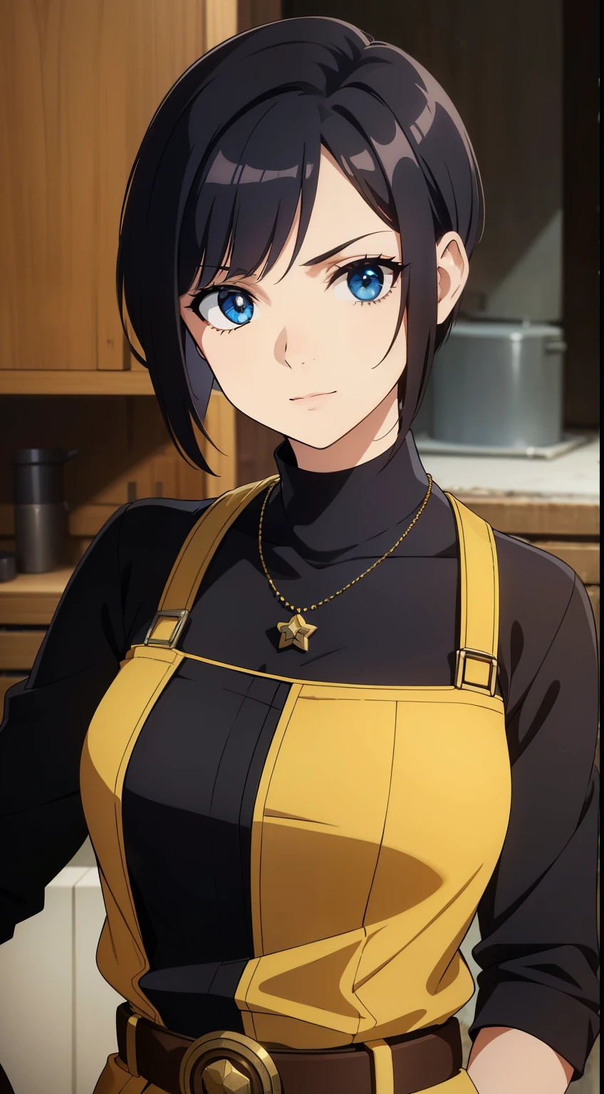 (high-quality, breathtaking),(expressive eyes, perfect face) Symmetrical Eyes, portrait, Star Wars Universe, 1girl, female, adult, mechanic, punk jacket, shirt, short sleeved, gloves, pants, belt, wrench, crystals, messy hair, black hair color, brown eye color, short hair length, stylized hairstyle, pixie haircut, tall, technician outfit, engineer, sci fi workshop background, work bench, tools, mature, narrow eyes, dog tag necklaces, soft smile, soft eyelashes, age 28
