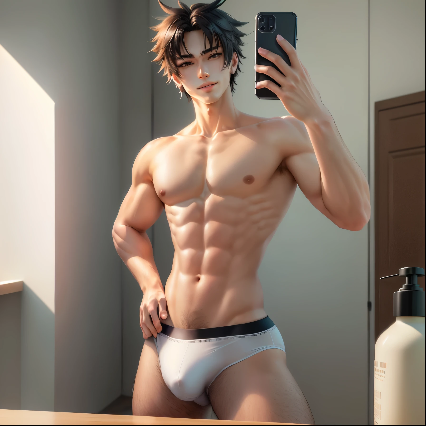 tem um homem de cueca tirando uma selfie com um celular, extra Corpo detalhado, bela pose de anime, corpo perfeito fotorrealista, corpo inteiro altamente detalhado, corpo inteiro fotorrealista, highly Corpo detalhado, corpo perfeito sombreado realista, anime 3d realista, personagem de anime masculino, anime semi-realista, Corpo detalhado, modelo de corpo inteiro anime vtuber