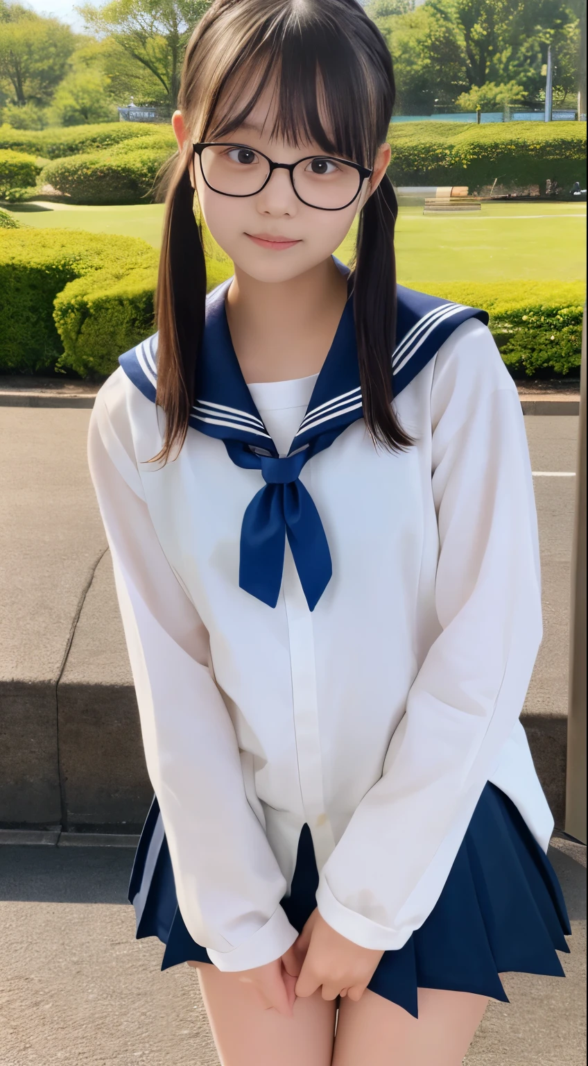 Photo quality,Masterpiece,Realistic,( cute Japanese girl:1.9),(Glasses girl,Detailed young face:1.9),(Very embarrassed look:1.9),(Thin legs:1.9),(Wear a sailor uniform:1.9),(Playing in the park,Inner thigh visible:1.9),((Droopy eyes:1.9)),((Body type of a 16 year old Tits:1.9)),(Cute school girl hairstyle:1.9),((Skinny Legs)),Very pale skin,Show your forehead,Detailed body,Detailed hands,No makeup
