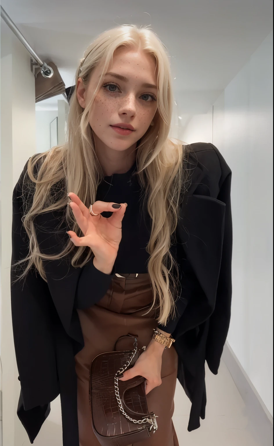 uma mulher, americana, 25 anos, pale skin and freckles, olhos cinzas, nariz delicado, soft and delicate lips, longo, cabelo blondie longo e ondulado na altura da cintura, sorriso meigo, face with delicate feminine facial features, altamente renderizado, white leather pants 