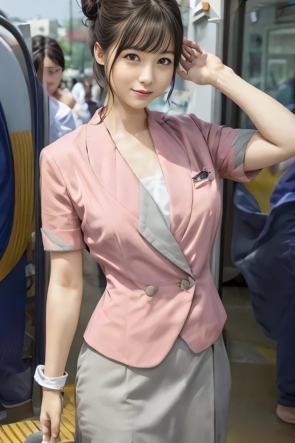 (masterpiece:1.2, highest quality:1.2), 32K HDR, High resolution, (alone、1 girl)、(On the rooftop of a building in the daytime、Professional Lighting)、Building rooftop background、(Nankai train crew uniform pinkを着たリアルスタイル)、(Nankai train crew uniform pink short sleeve pink jacket、Nankai Train Crew Uniform Pink Collarless Short Sleeve Blouse、Nankai Train crew uniform pinkのグレー色のキュロットスカート)、Dark brown hair、(Hair tied up、Hair Bun、Hair Bun)、Dark brown hair、Long Shot、Big Breasts、Thin legs、((Great hands:2.0)),((Harmonious body proportions:1.5)),((Normal limbs:2.0)),((Normal finger:2.0)),((Delicate eyes:2.0)),((Normal eyes:2.0)))、smile、(Nankai Train crew uniform pinkのグレー色のキュロットスカートを見せた美しい歩く姿)、Keep your hands natural