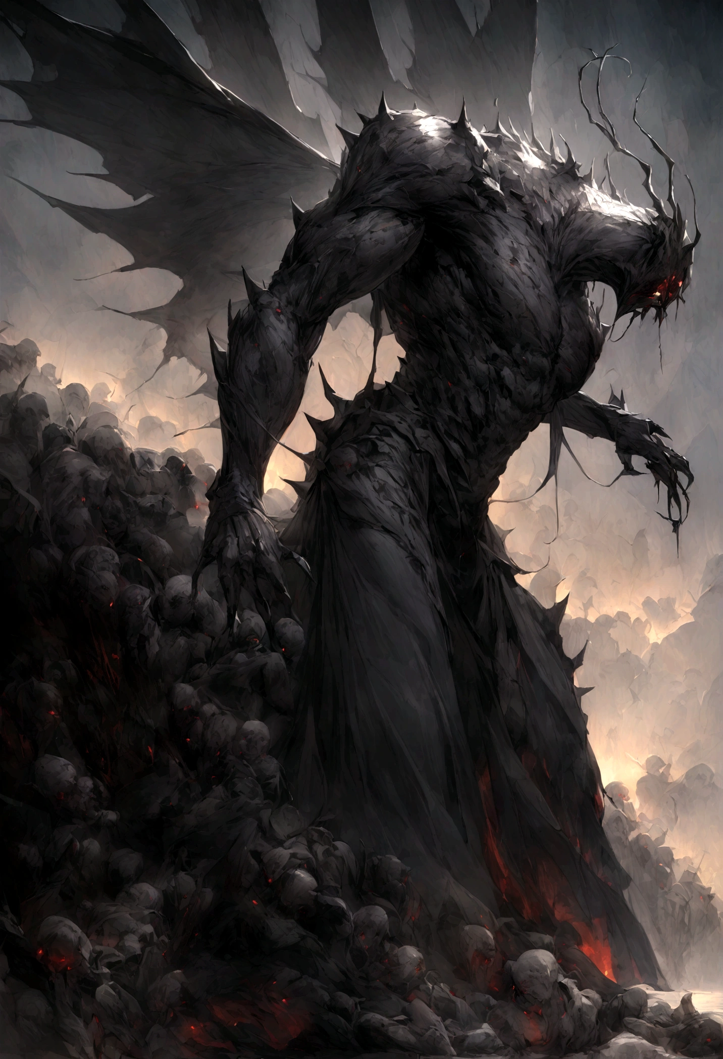 n oil painting, Coming down from the sky, A breathtaking masterpiece, Vivid, Caravaggio, 8K，angelicales，Lots of people，Fallen Angel，Duel Night Battle Angel vs Human Many People，9 people prompt:「Ultra-realistic cinematic rendering of Beelzebub, the ancient demon king also known as the Lord of the Flies。he、The creature will appear as an androgynous humanoid with a powerful, muscular physique covered in a hard, insect-like exoskeleton.。」
His face、Has sharp, angular features、Red glowing eyes、A slit-like mouth lined with needle-sharp fangs、And they should have a long, fly-like tongue that constantly pops out from between their lips.。His skin is a sickly pale green、Visible veins are noticeable、Decayed、Has an almost translucent appearance。
Instead of hair、From its head would grow a wild crown of long, undulating insect antennae.。The ends of the hands and feet are shaped like hooked black claws.。From the back、It had large, tattered insect wings growing out of it.、When fully extended, it stretches to 20 feet.。
he、Swarm of fliesのオーラと濃い黒煙または瘴気に囲まれた力強い姿勢で描かれるべきです。Smoke、He should merge into a humanoid figure of pain and anguish swirling around him.。
In the background、The ruined, corpse-strewn cityscape is engulfed in swarms of flies and vermin.、The sky is covered with swirling storm clouds、Paints a scene of apocalyptic devastation。Dramatic lightingとShadowを使って、It highlights his horrific and inhuman appearance.。
The overall image is、corruption、Disease、It captures the essence of a powerful and destructive demon lord.。it is、The whole of humanity is nothing but helpless prey、It is an immortal force that will destroy the world.。」
This detailed prompt is available in the、It covers all the main aspects of the appearance of Beelzebub the Demon King - insect characteristics、Swarm of flies、Rotten Face、Giant Wings、And the aura of miasma and death。Photorealism、Dramatic lighting/Shadow、そしてcorruptionと荒廃に対する彼の支配を示す終末的で荒廃した背景を強調しています