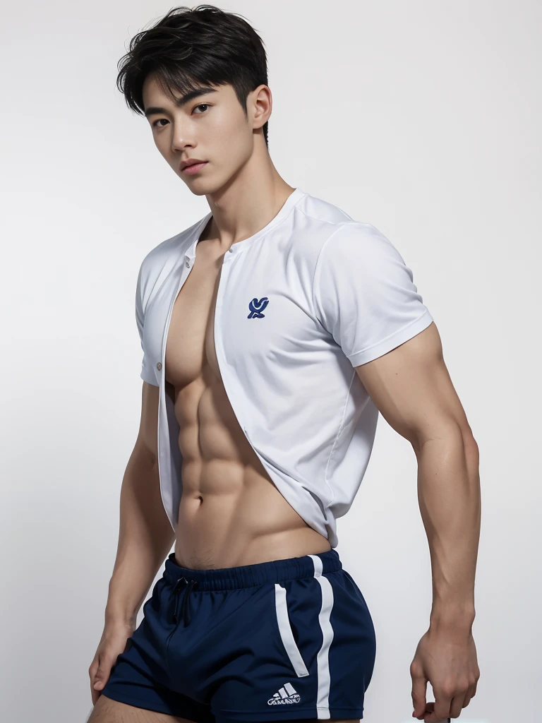 1 Handsome  naked Japanese guy ，Sexy pose, A 20 year-old man wearing a Bare chest shirt and Excellent shorts stands against a white background, Navy blue, Navy blue, Sports T-shirt, White, Excellent Sportswear, Gorgeous and sexy clothes, Sportswear, Short sleeve, Jinjinshen blue clothes, Tall young man, Tennis suits, 穿着Sportswear, Dark blue embellished clothing，male，Bare chest,Full chest muscles，Swelling of chest muscles，Six-pack，Hips， Handsome，High，Muscles look good，hairy body，Sexy expression, Wheat complexion，black eyes（thin eyes 1：3），Full body image, Excellent, perfect dick shape, Perfect hand details,Detailed you, , Mostly juicy ass, The opening of your legs