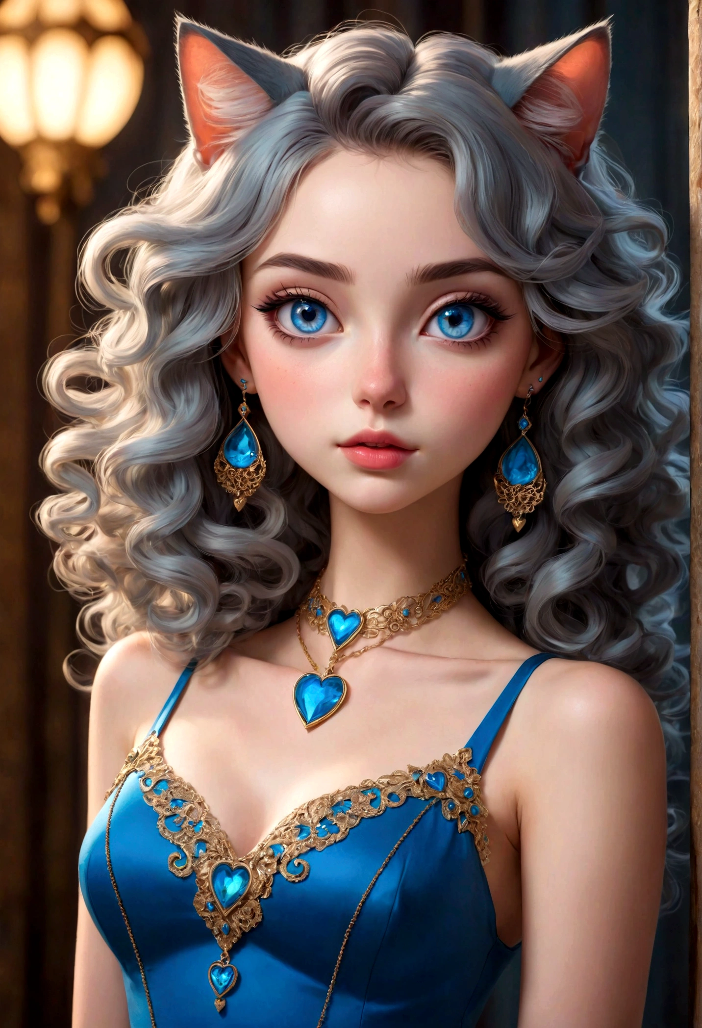 a tall girl wearing a short dress wearing decorated with jewelry who has blue eyes, slim waist, heart shaped lips, pointed nose, v shaped chin, cat shaped eyes, and her hair is blue, long and curly.