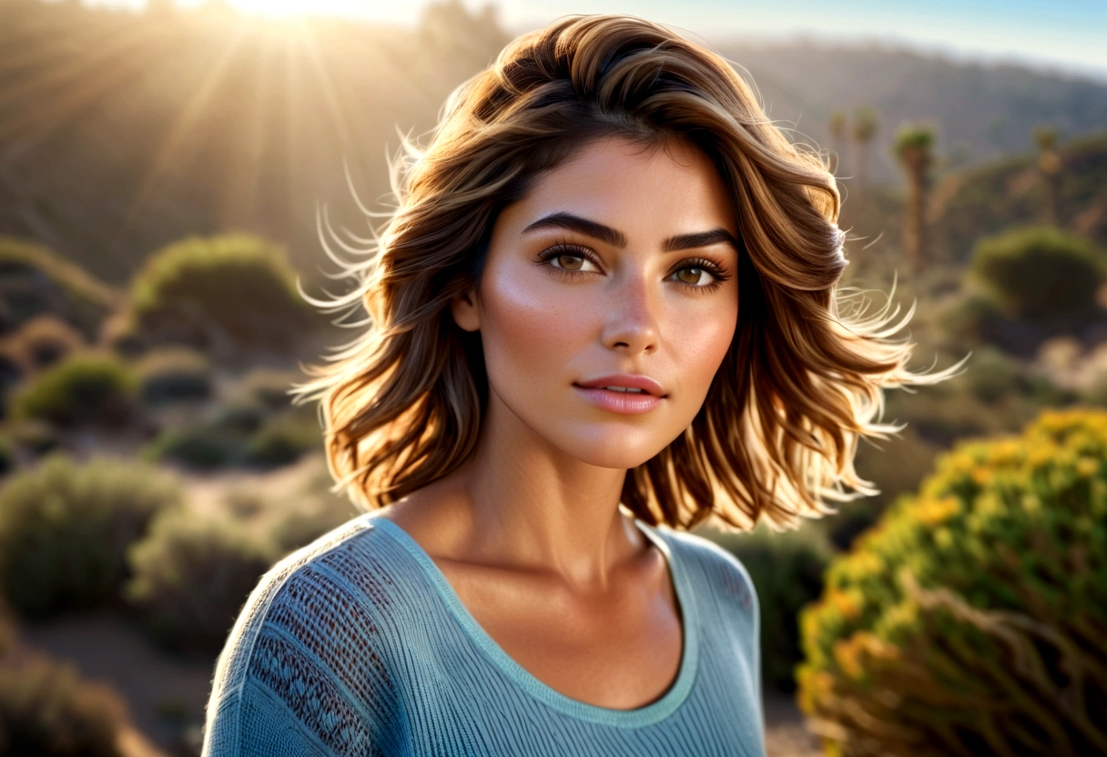 best quality, ultra-detailed, an extremely delicate and beautiful, depth of field, ultra high res, (photorealistic:1.4), a woman, medium hair, casual wear, California, (morning:1.5)