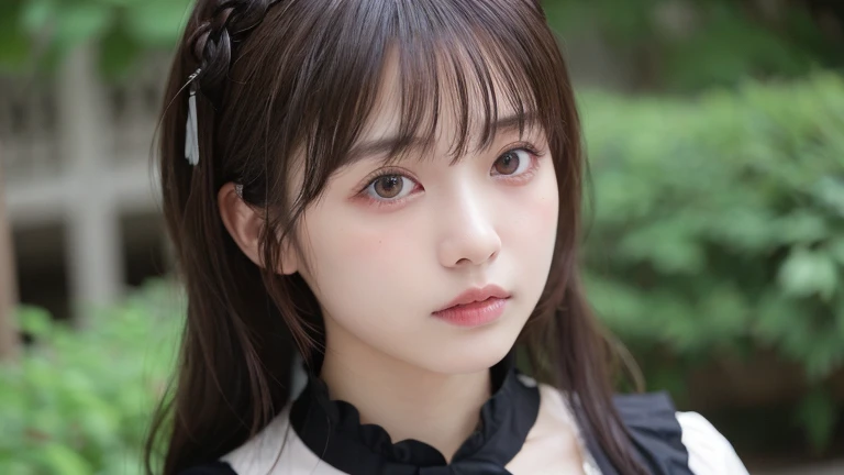 (Long Hair, bangs:1.2),(Wearing Gothic Lolita clothes:1.2),1 girl,Japanese,21 years old,(Small breasts:1.3),(highest quality,masterpiece:1.3,超A high resolution,),(Ultra-detailed,Caustics),(Photorealistic:1.4,RAW shooting,)Ultra-Realistic Capture,Very detailed,High resolution 16K human skin close-up。 Natural skin texture、,Pores、、It needs to be detailed enough to be easily identifiable。 Skin should be even-toned and healthy looking。 Use natural light and colour, Sad expression, Looking at the camera, Perfect dynamic composition, Outdoor