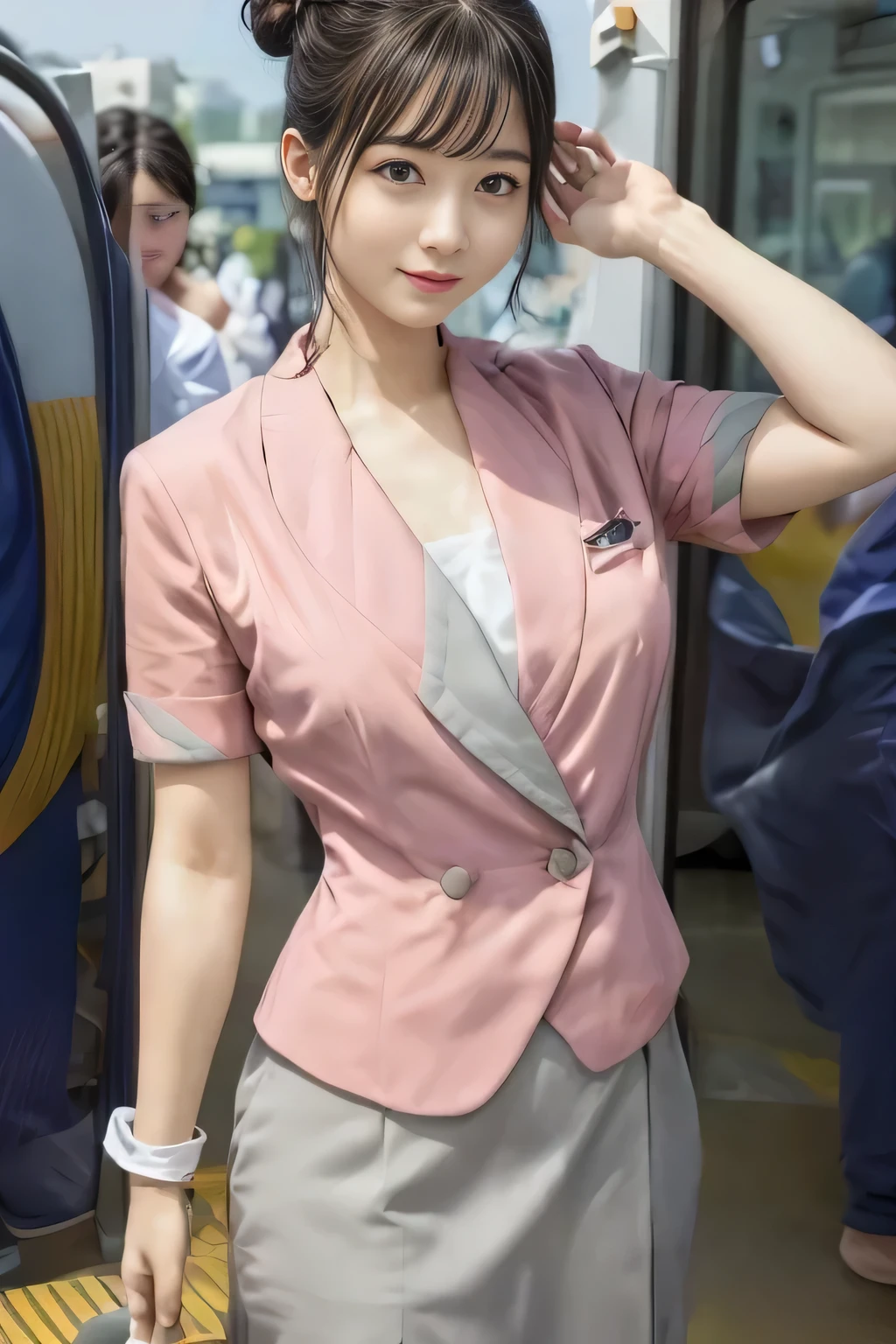 (masterpiece:1.2, highest quality:1.2), 32K HDR, High resolution, (alone、1 girl)、（On the rooftop of a building in the daytime、Professional Lighting）、Building rooftop background、（Nankai train crew uniform pinkを着たリアルスタイル）、（Nankai train crew uniform pink short sleeve pink jacket、Nankai Train Crew Uniform Pink Collarless Short Sleeve Blouse、Nankai Train crew uniform pinkのグレー色のキュロットスカート）、Dark brown hair、（Hair tied up、Hair Bun、Hair Bun）、Dark brown hair、Long Shot、Big Breasts、Thin legs、（（Great hands：2.0）），（（Harmonious body proportions：1.5）），（（Normal limbs：2.0）），（（Normal finger：2.0）），（（Delicate eyes：2.0）），（（Normal eyes：2.0））)、smile、（Nankai Train crew uniform pinkのグレー色のキュロットスカートを見せた美しい歩く姿）、Keep your hands natural