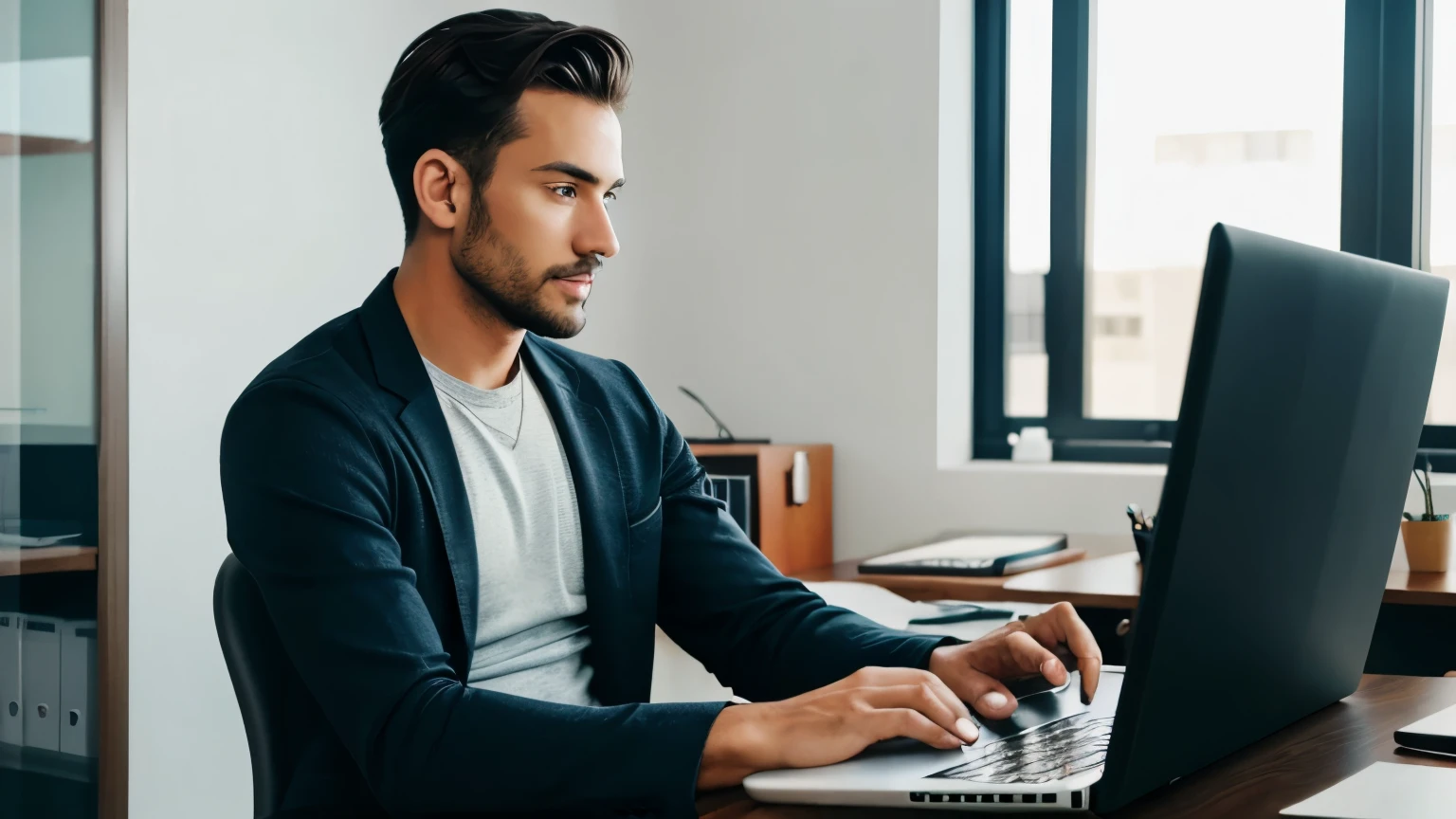 A man Using Laptop In His Office 