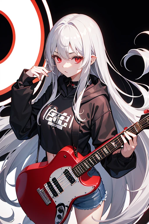 background through, long hair、 straight hair、 silver hair girl, red eyes、 Super high quality, 8K、Upper body、 black background、 Band vocals、 (black hoodie)、 ((big tits)), ((((Young face)))), ((Red Electric Guitar)), denim shorts, (shoot from above),(((expressionless)))