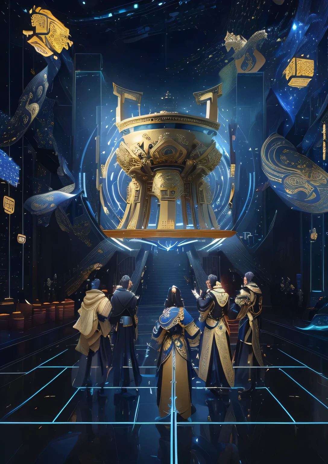 5 people surrounding a golden tripod, Three men and two women, we go deep into the virtual universe, The encrypted metaverse, Computers and holograms, Hologram of the Chinese cultural relic Golden Tripod, Museum Background, virtual metaverse room,Chinese antique elements on both sides are collection cabinets, super detailed SCP cultural relic jars, holographic products, 5 Archaeological Figures, 8k high definition jpeg artifact