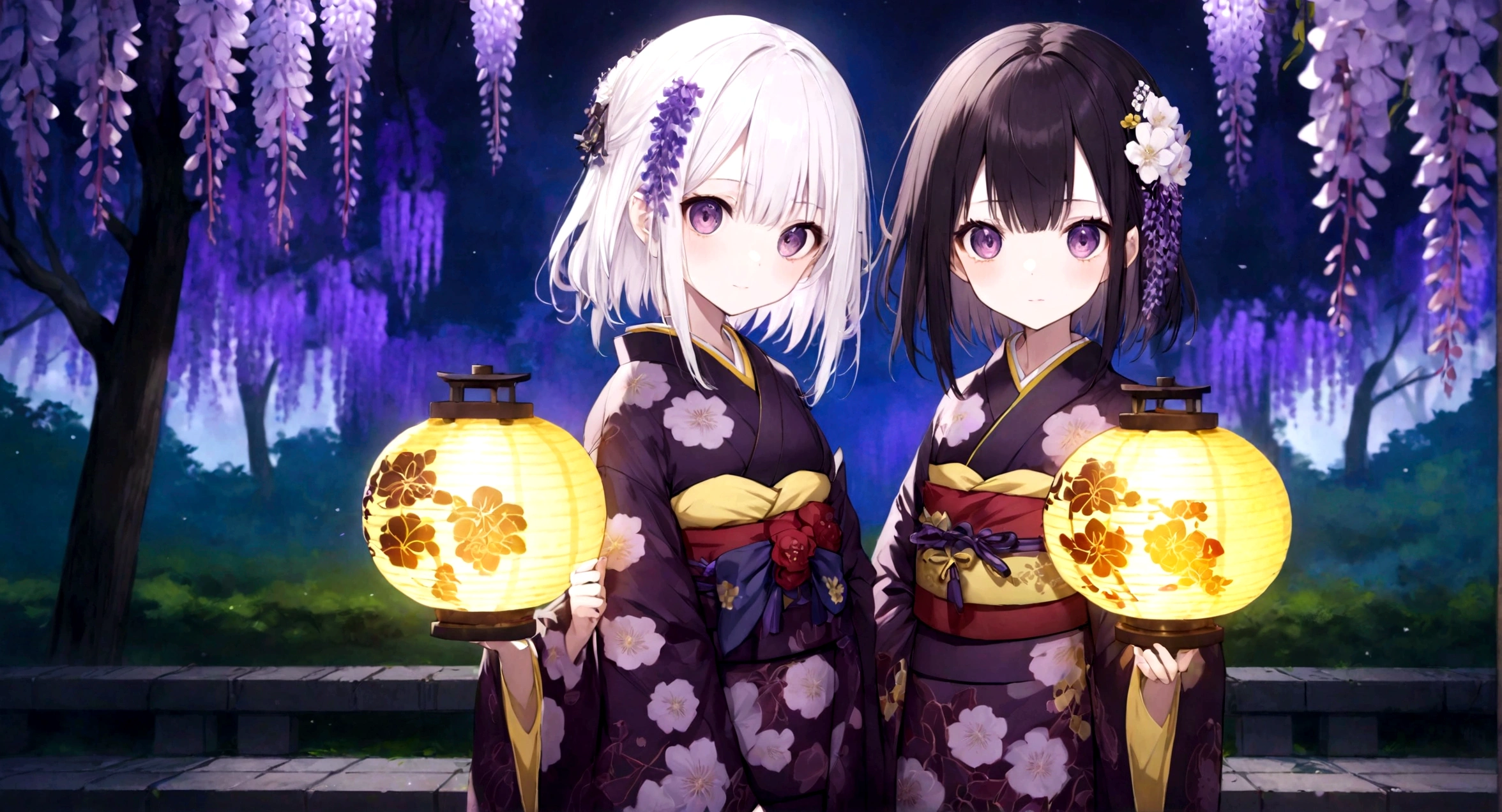 ((Masterpiece, top quality, high resolution)), ((highly detailed CG unified 8K wallpaper)), kimetu no yaiba, ubuyasiki, Spooky twins, girl with black hair and girl with white hair, dressed in Japanese kimono, Japanese lanterns, garden at night, wisteria flowers in background, staring with very wide eyes, faint smile,