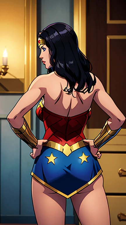 Masterpiece,(wonder woman), detailed blue eyes, detailed lips, detailed nose,, detailed hands, round ass visible, From behind, Wonder Woman stands tall with her feet shoulder-width apart. Her hands rest confidently on her hips, and her long, dark hair cascades down her back, reaching just above her waist. Her red, white, and blue costume is visible, with the golden lasso clipped to her side.