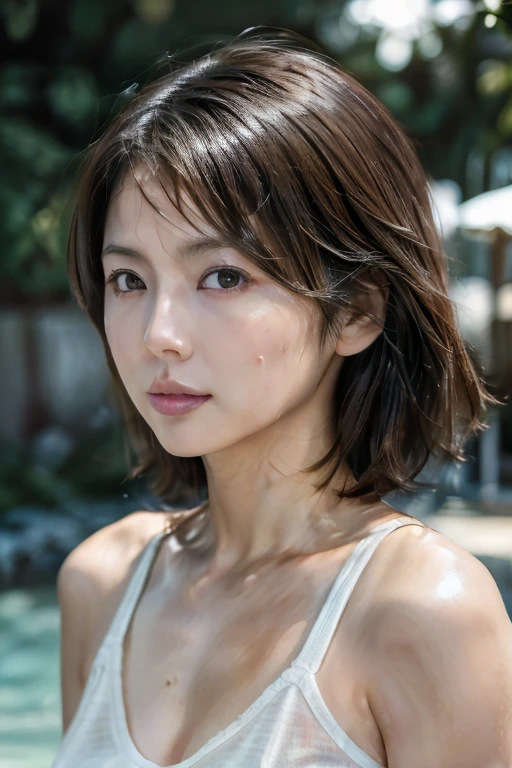 highest quality, masterpiece, Ultra-high resolution, (Realistic:1.4), RAW Photos, One Japanese wife, Black Hair, Shiny skin, Wet body, Dramatic lighting, whole body, Bitch, Micro Bikini, Small breasts