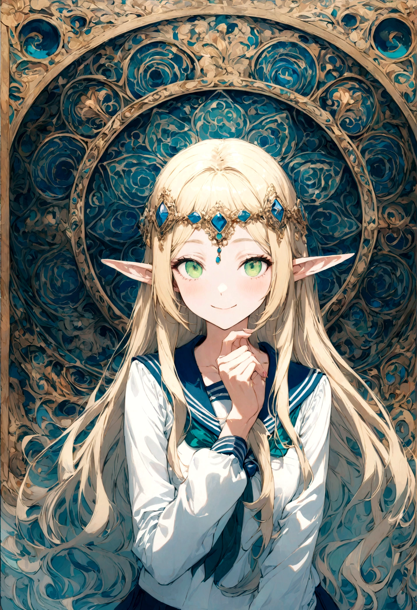 (best quality:1.0), (super fine:1.0), (16k:1.0), (incredibly absurdres:1.0), (extremely detailed:1.0), (delicate and dynamic:1.0),
(Deedlit:1.5), (elf:1.0), (Blond:1.0), (Long hair:1.0), (Green eyes:1.0), (Circlet:1.0), (Lovely smile:1.0), (Sailor Uniform:1.0),