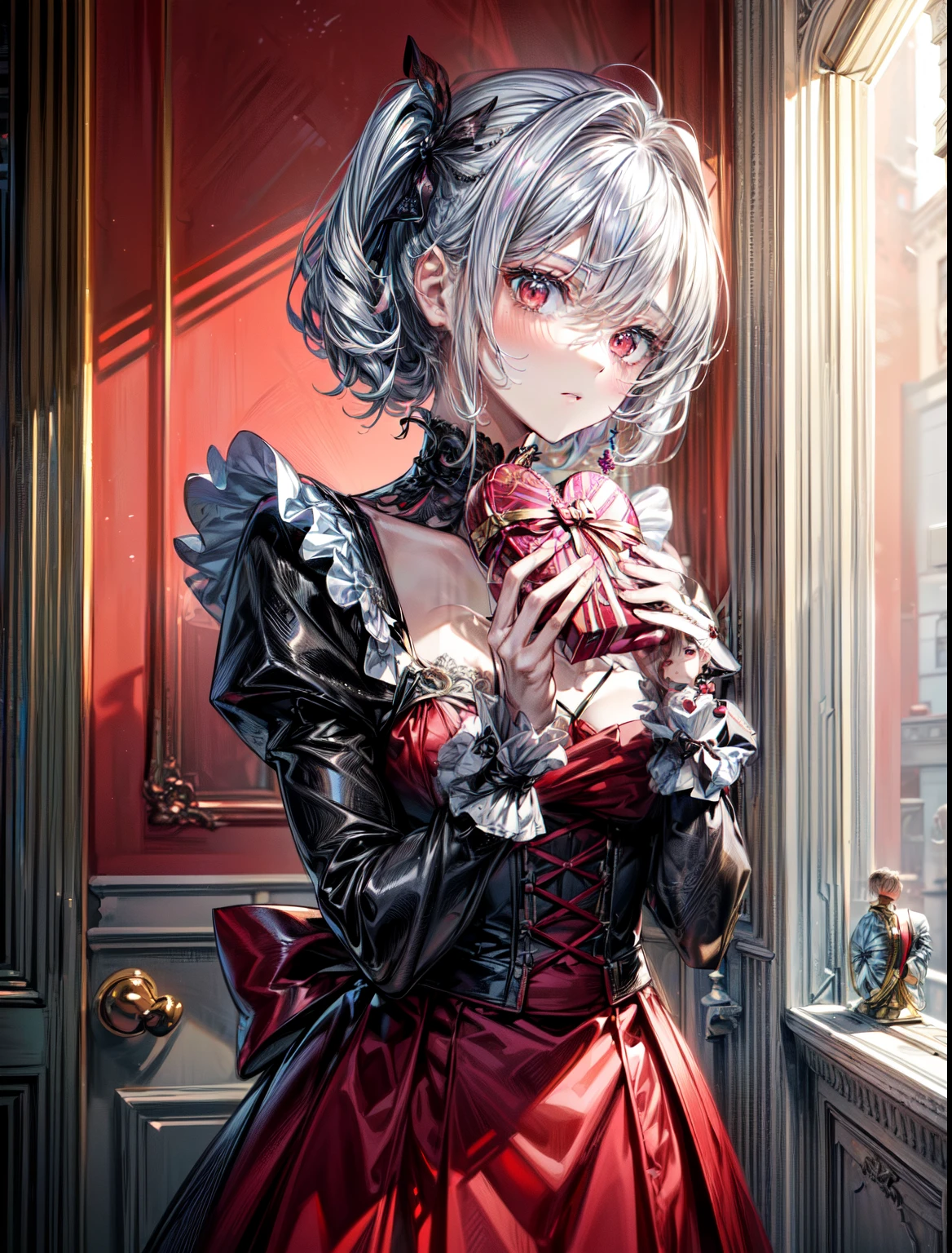 (perfect anatomy, masterpiece:1.2, best quality, 8k, beautiful detailed grow, daydreaming expression), break, ((holding Present beautifully wrapped Valentine's Day chocolates)) (solo silver short hair divine girly boy, Stinking red eyes, serious face), in a butler uniform, in the kicking's front door.
