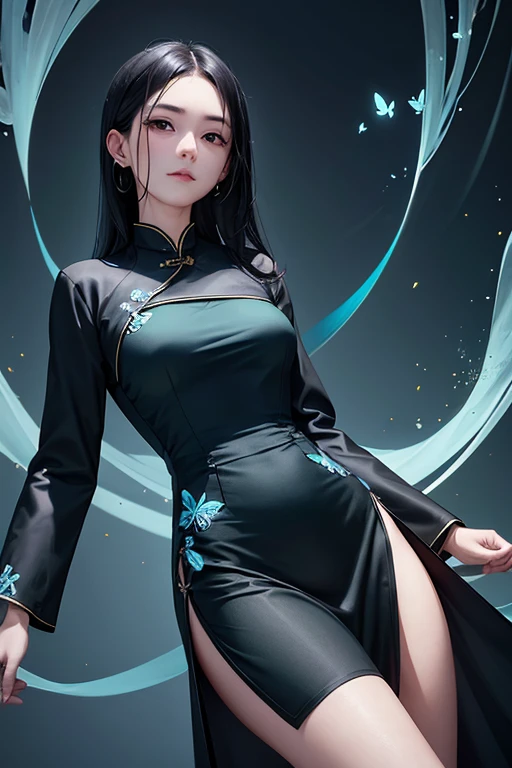 Wearing a long black cheongsam，Cover thighs，Clothes embroidered with blue-green butterflies，Age around 25 years old，It feels unpredictable，more mysterious，No smiles