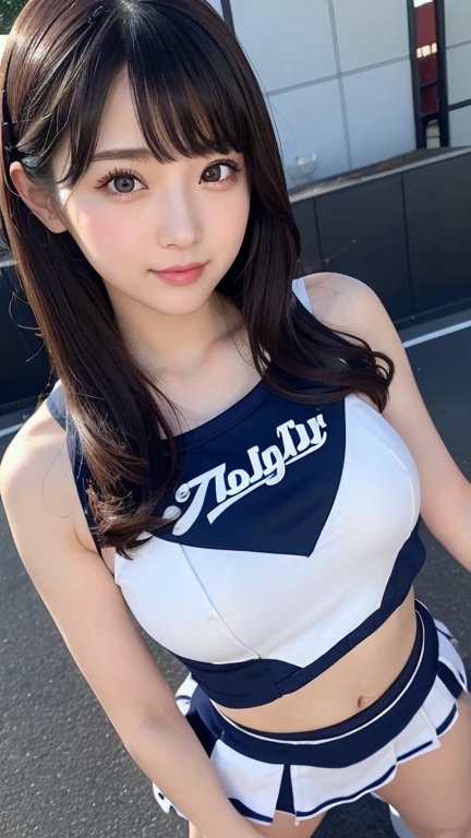 ((cheerleader)),((Cheerleader)),((Cheerleader)),8K、Detailed Description、Very high definition、Realistic、reality的、Real、live-action、reality、High resolution、Nogizaka46、japanese idol,beautiful girl、21 years old、Dark brown eyes、sunny、blue sky、Are standing、Backwards、turn around、light smile,closed mouth,full body,Very black hair、pretty girl、Beauty、Glowing Skin、Glowing Skin、Shiny Hair、Very white skin、Heavy makeup、Large Breasts、Slit eyes、Big Eyes、Dark brown eyes、Double eyelids、Don&#39;t show your teeth、((from below:1.4))