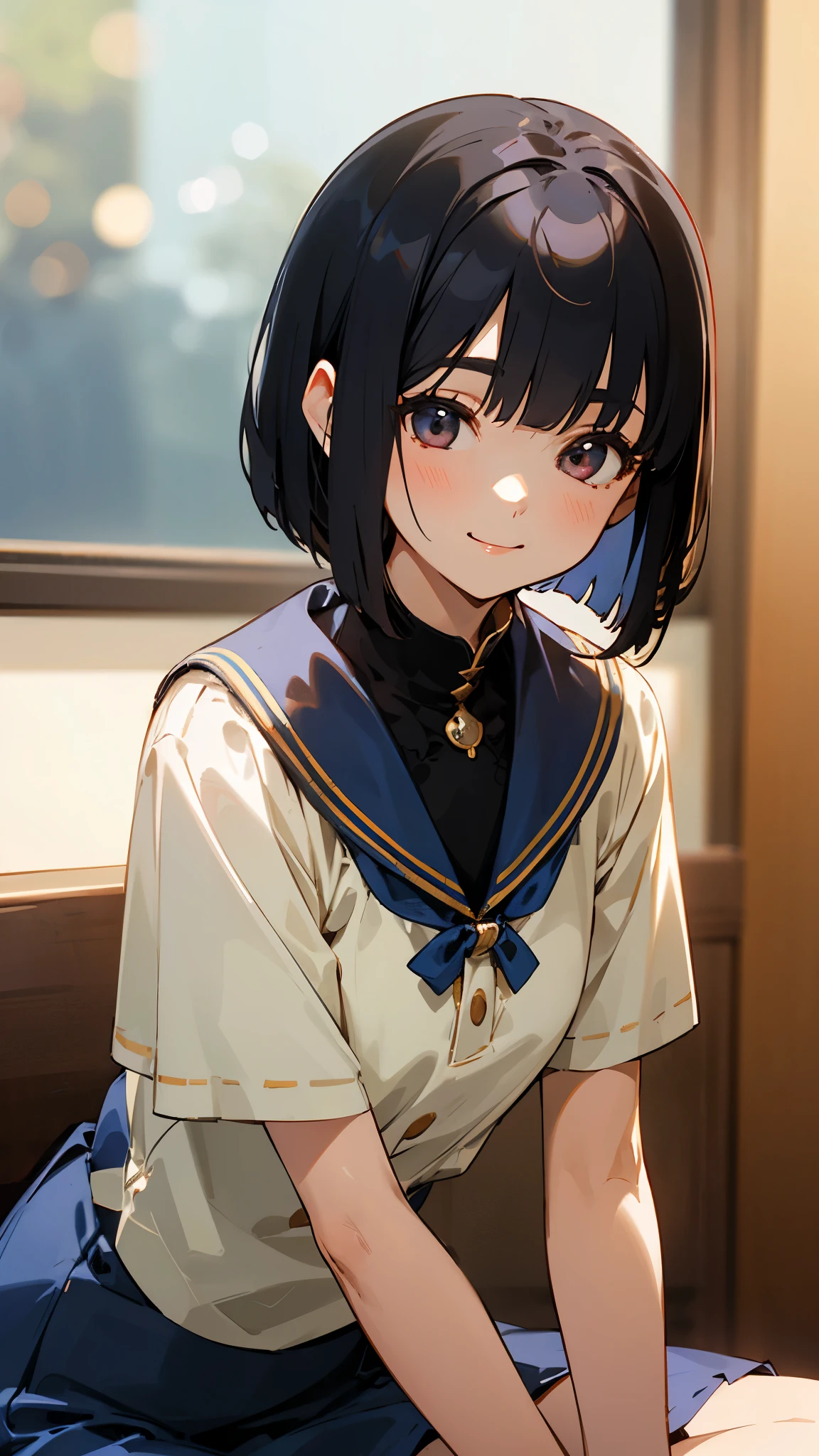 1 girl、8k、Sharp focus、(Bokeh) (highest quality) (Detailed skin:1.3) (Intricate details) (anime)、Shiny black hair、Short Bob Cut、calm and calm look、、Sitting、Upper body close-up、smile、Blue Skirt、indoor