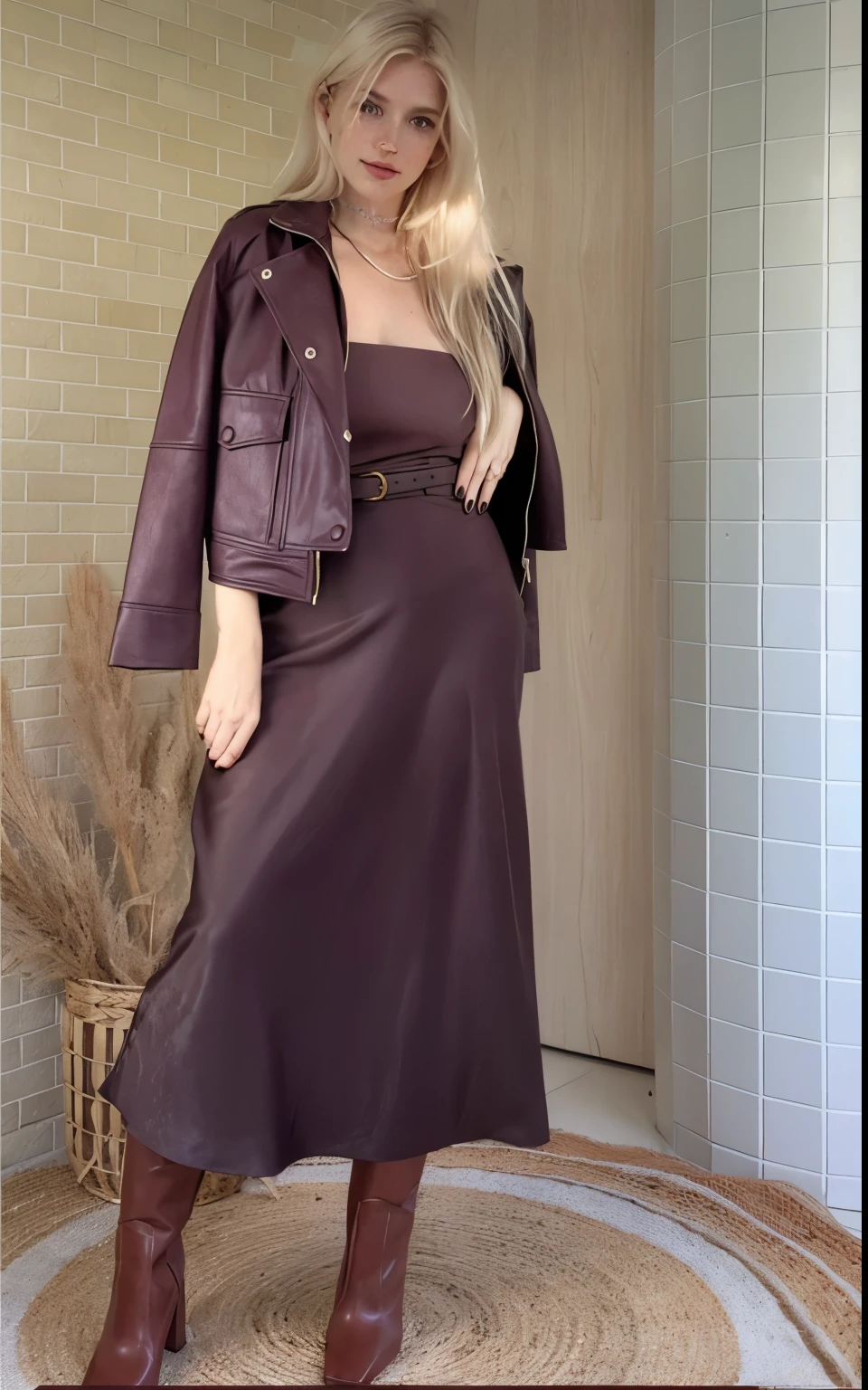 uma mulher, americana, 25 anos, pale skin and freckles, olhos cinzas, nariz delicado, soft and delicate lips, longo, cabelo blondie longo e ondulado na altura da cintura, sorriso meigo, face with delicate feminine facial features, altamente renderizado, white leather pants