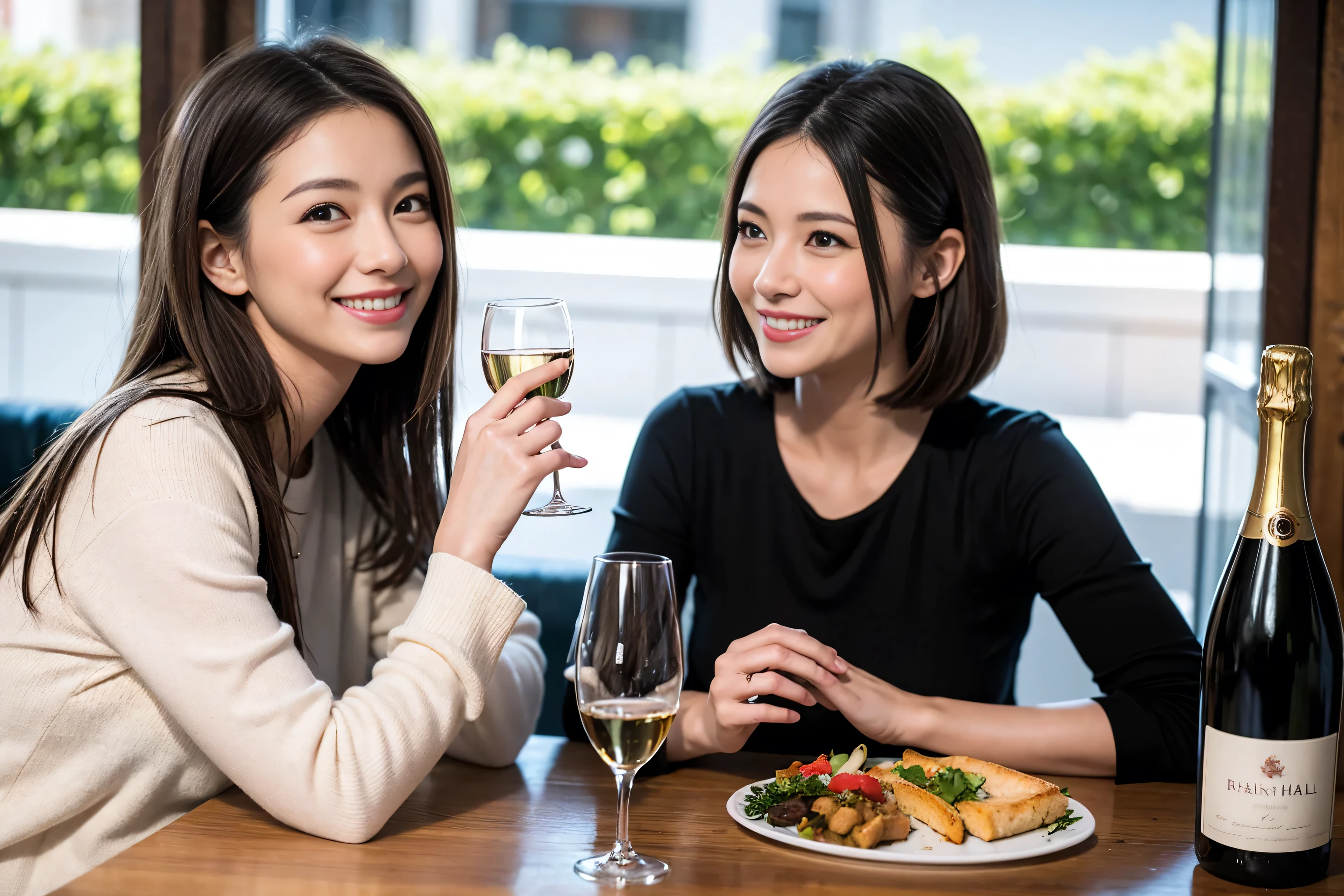 ((highest quality、8k、masterpiece:1.3))、1 male 1 female、Beauty Couple、Lovers、Couple、The body is slim、full-course dinner、((Bob Hale、Straight hair:1.2)), (Realistic, Intricate details:1.2), Wine glass on the table、Shine light on your face、 Amazing view of the sunset sky and clouds、Amazing mountain views、A bright smile、The wonderfulness of smile、Bright image、The beauty of wine, Beautiful Face, blue eyes, The light shines on your face, Blushing, short hair,Bright Face、 (Age 37), "41 years old, red wine 、Appetizers、Italian food、Wine bottle、Champagne、sparkling wine、Two beauties、Brown Hair、Shortcuts、Long sleeve shirt、dress、Pretty Woman 1, (Slim face), (The body is slim), (Brown Hair), (Shortcuts), cheeks turn a little red,Attractive beauty、restaurant, In a prominent place (From the waist up) Nova Frog Style, actress, model, Upper Body, White wine, slim, wine glass, A wine glass placed in the center, smile, (smile: 1.15), Beautiful fine grain, Depth f/2,saturation, High Contrast, Strong light and shadow,Moist Body:1.5、3D texture、Delicate eyes、Brown Hair、The hair is very shiny、