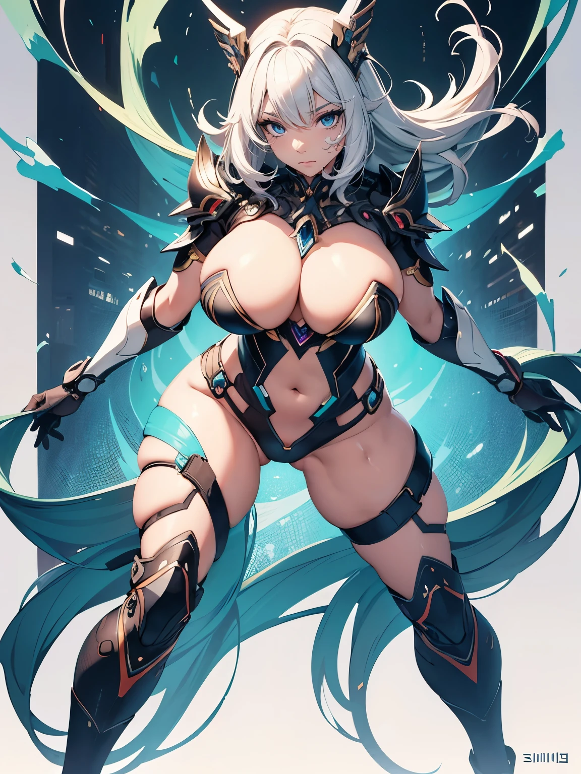 masterpiece, ultra-detailliert, 8k, hiquality, Top image quality, One woman, art by:hyung tae kim, Anime characters posing, Seductive Anime Girl, Japanese anime, digitial illustration, Center, biomechanical oppai, oppai, oppai proportions, Sharp Focus, large full breasts, Colossal , The chest is dewy, Exposing the chest, exposing the skin, Curvaceous body, White shiny skin, shinny skin, digitial illustration, Center, Full body shot, intricate detailes, rubbersuit, Depiction of dense hair, Detailed eye depiction, Lively fighting poses, Lively battle poses, Japanese anime, colourfull, various colors, Sexy body lines, Splash paint background, Abstract, variegated and colorful background, Don't draw buildings in the background, Standing with open legs, Rich facial expressions, Emotionally rich, highleg